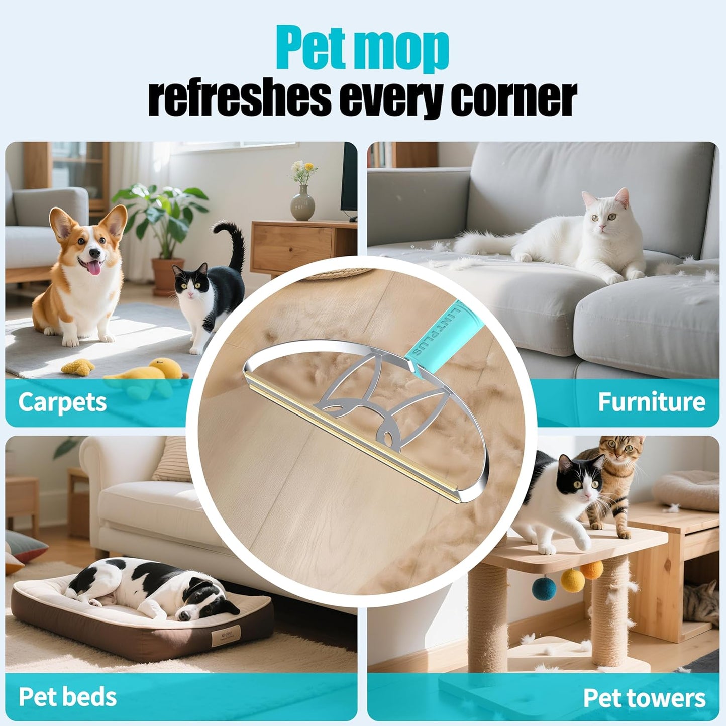 Ultra & Pro LINTPLUS Combo – 63” Long Carpet Rake for Pet Hair + Pro Attachments – Heavy Duty Stainless Steel Handle, Stand-Up Design – Effortless Fur & Lint Removal for Large Rugs, Carpets, Floors