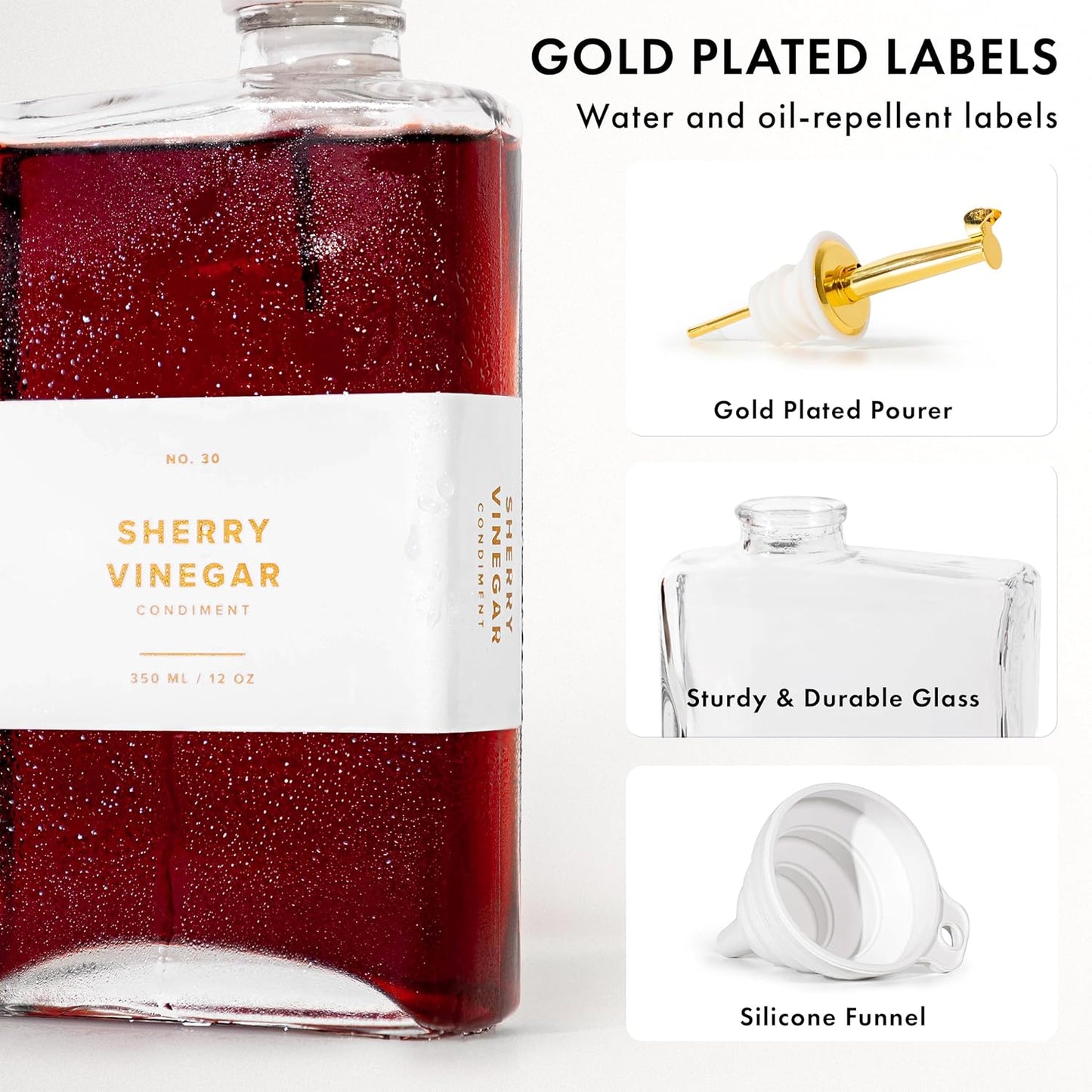 Glass Olive Oil Dispenser Bottle Set [4x12oz]: 36 Premium Gold Labels, Oil Dispenser for kitchen, Vinegar Bottle Set, Glass Dispensers for Soy Sauce, Syrup Bottles | Set of 4