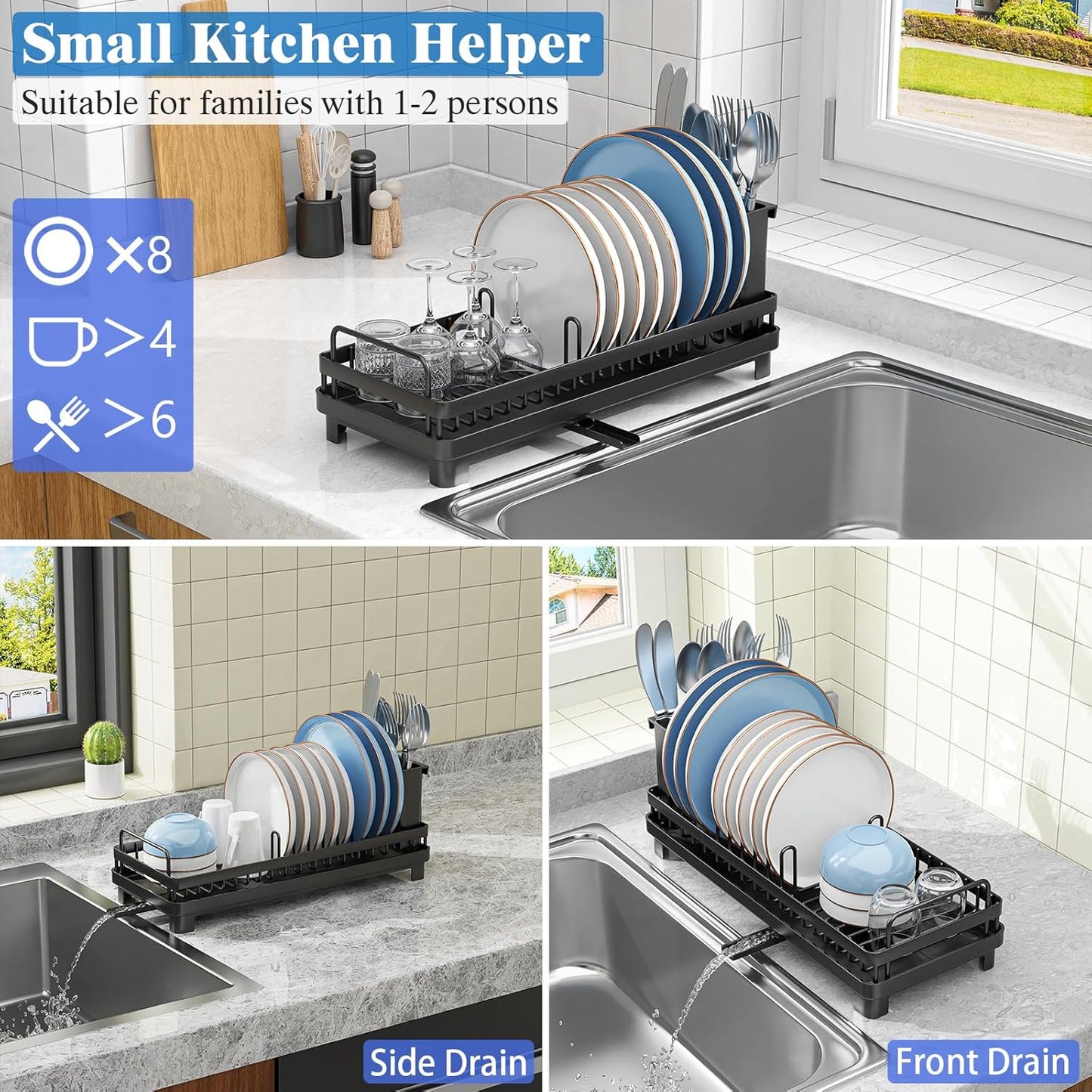 Small Dish Drying Rack, Compact Sink Dish Drainer Plate Rack Organizer with Utensil Holder and Drainbaord for Kitchen Counter, RVs, Apartments