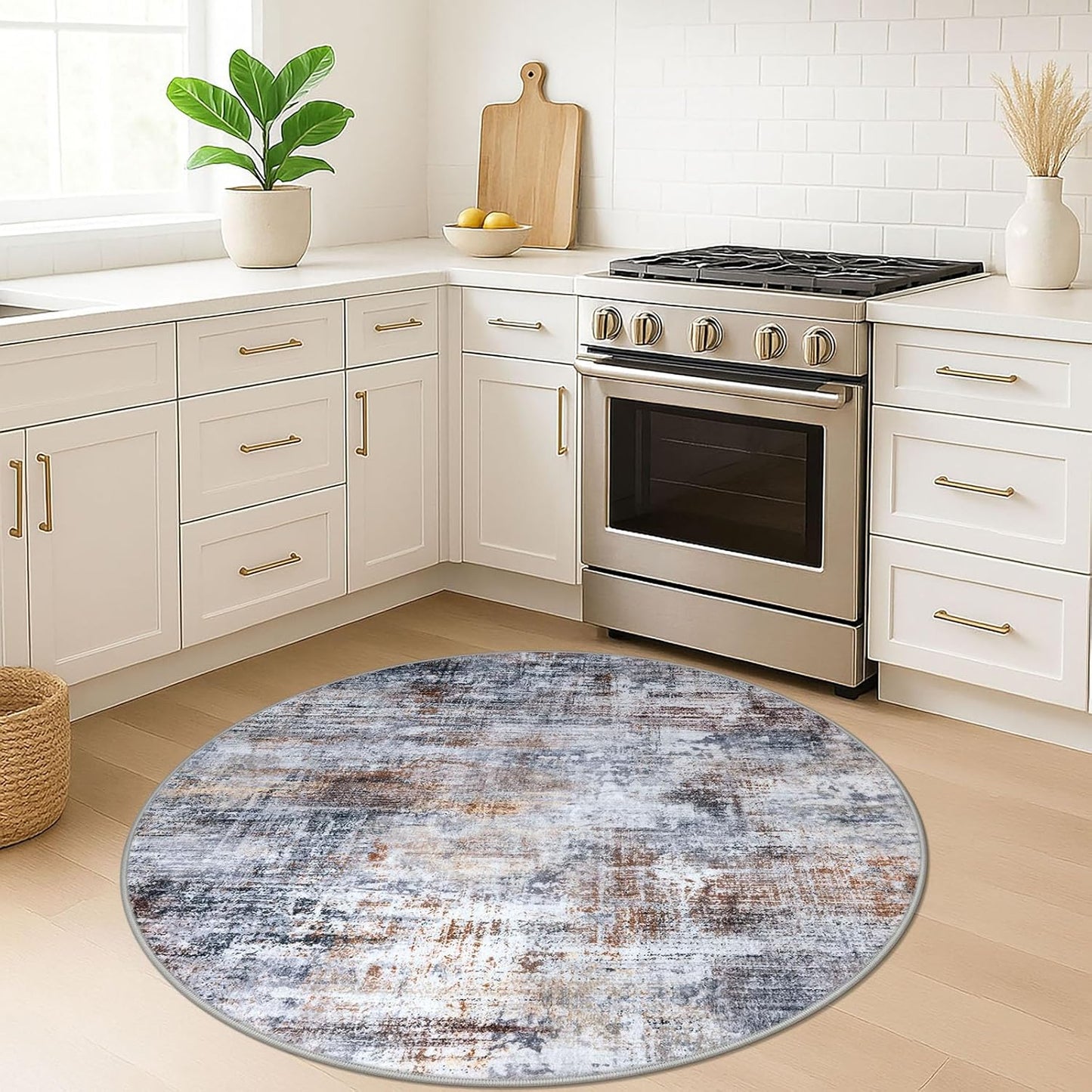 IOHOUZE Round Area Rug 5 Ft Circle Entryway Rugs Round Washable Door Mat Indoor Entrance, Non Slip Circle Front Door Rug, Printed Abstract Faux Wool Floor Carpet for Foyer Porch Sink, Orange Grey