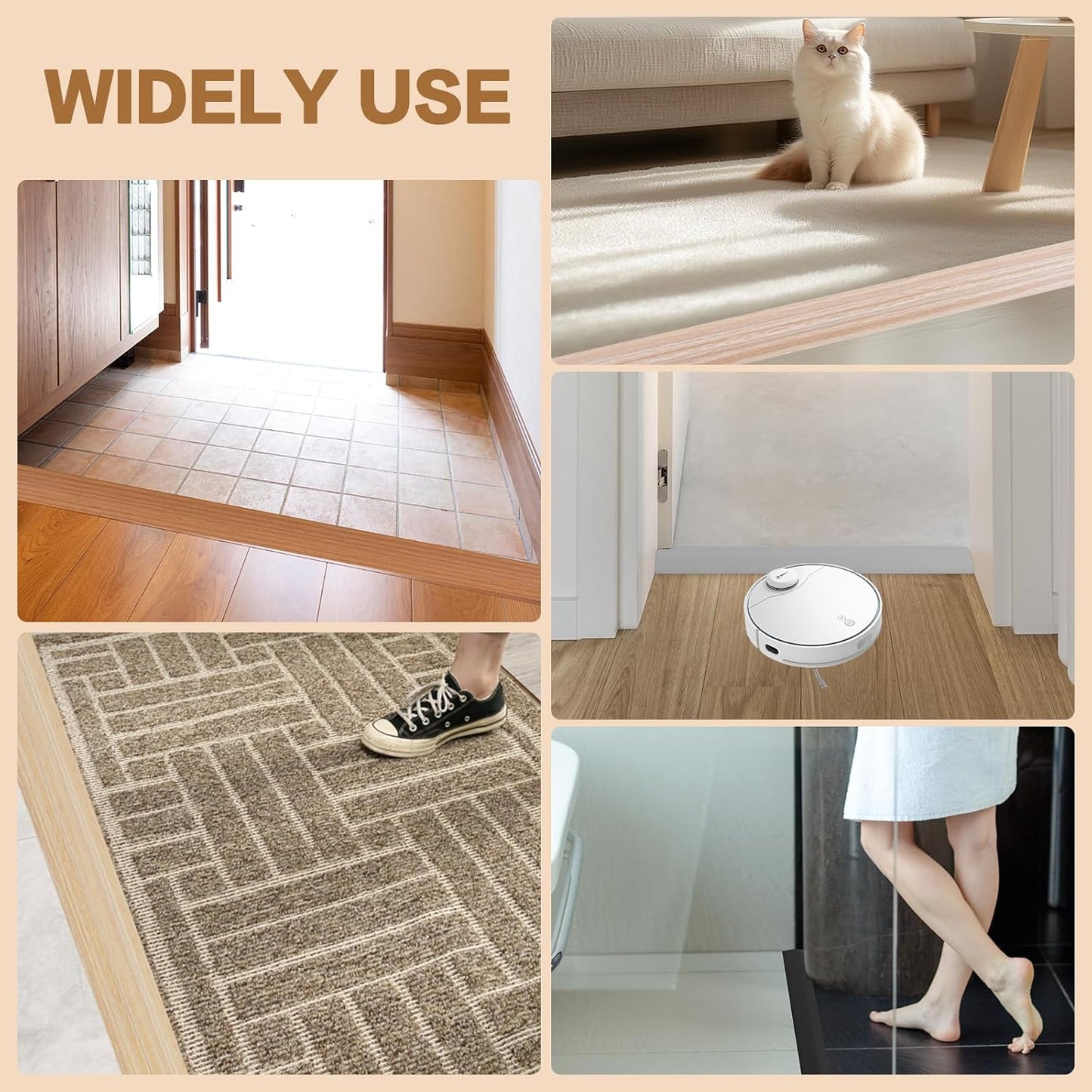 Floor Transition Strip Vinyl Door Threshold Ramp Self Adhesive Carpet Edging Strip Doorway Edge Trim, Overlap Edge Reducer for Laminate Carpet, Floor, Tile (Brown Wood Grain, 2/5" to 3/5", 10Ft)