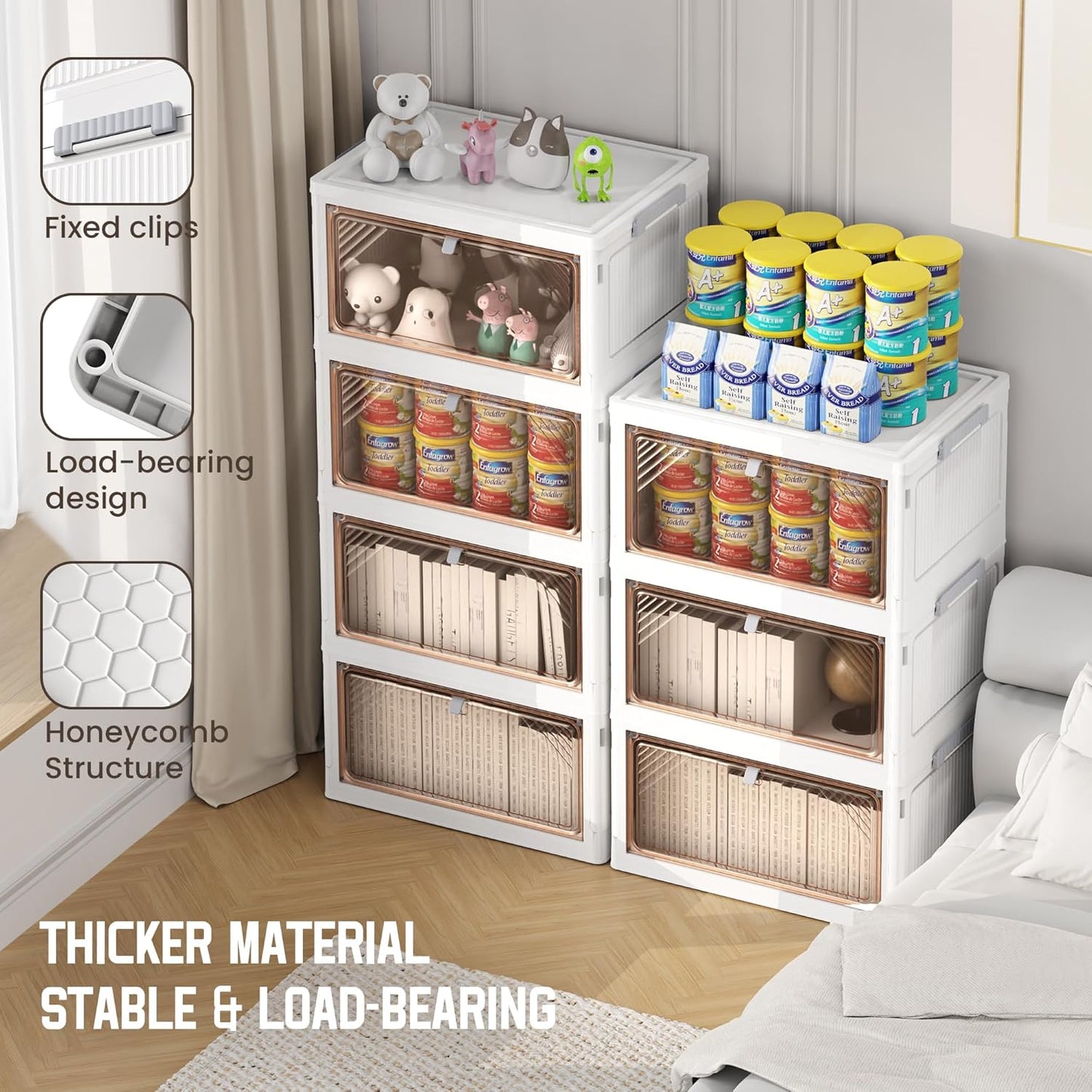 AHEONLAR 144 Quart 3 Tier Plastic Storage Bins with Lid - Foldable Stackable Storage Bins with Doors - Closet Organizers and Storage - Plastic Drawer Storage for Bedroom StudToy Room Office（48QT×3）