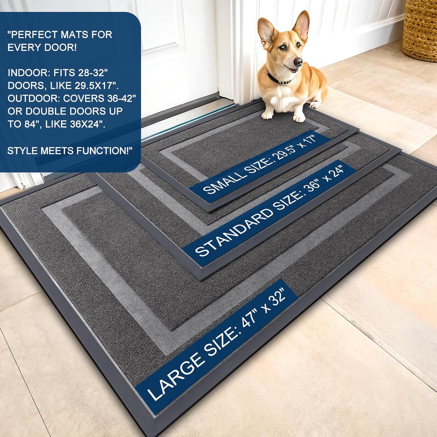 OLANLY Front Door Mat Indoor Outdoor Entrance, Waterproof All-Season, All-Weather Doormat, Sturdy Natural Rubber, Fade Resistant, Low Profile, Easy Clean Patio Porch Entryway Mat, 71x23, Dark Grey