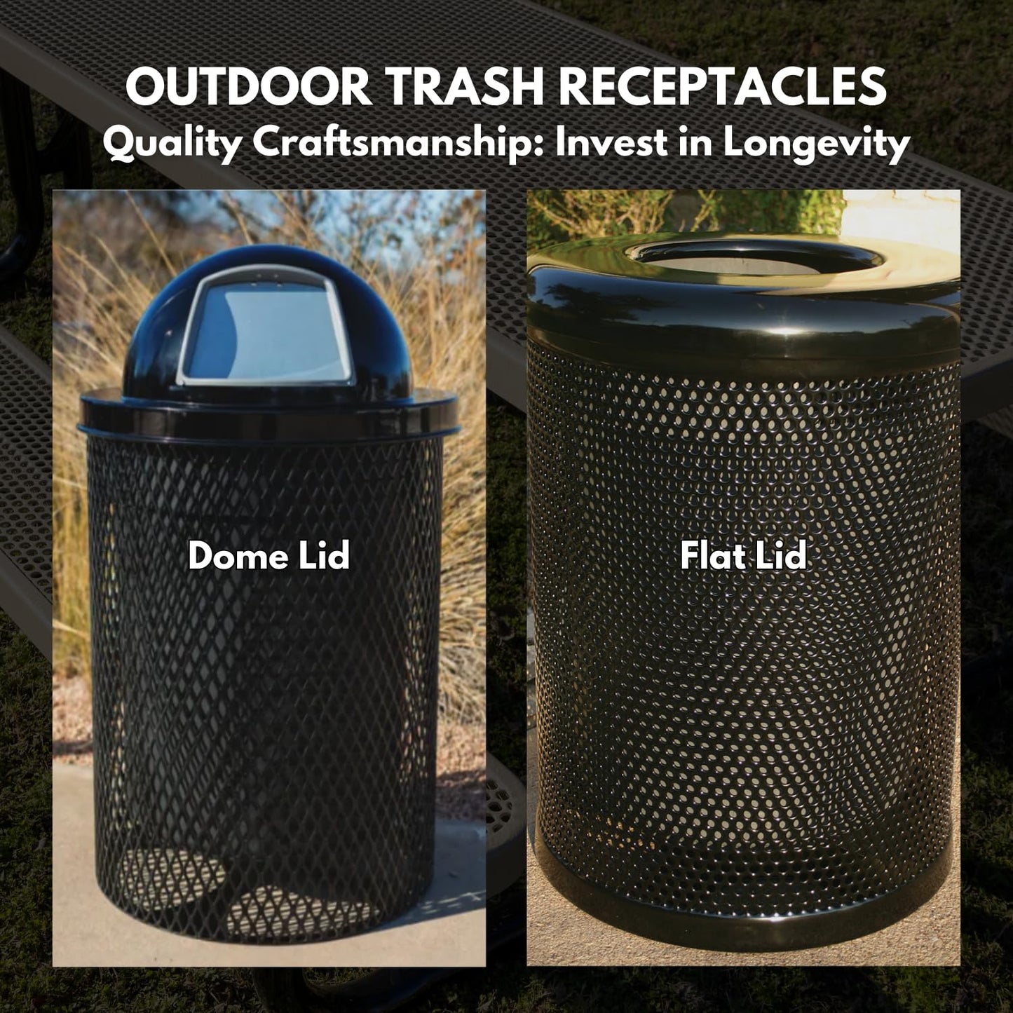 COATEDOUTDOORFURNITURE RFT-TXTSAND Heavy Duty Round Trash Receptacle with Flat Top, Liner Included, 32 Gallon, Textured Sandstone, Made in America