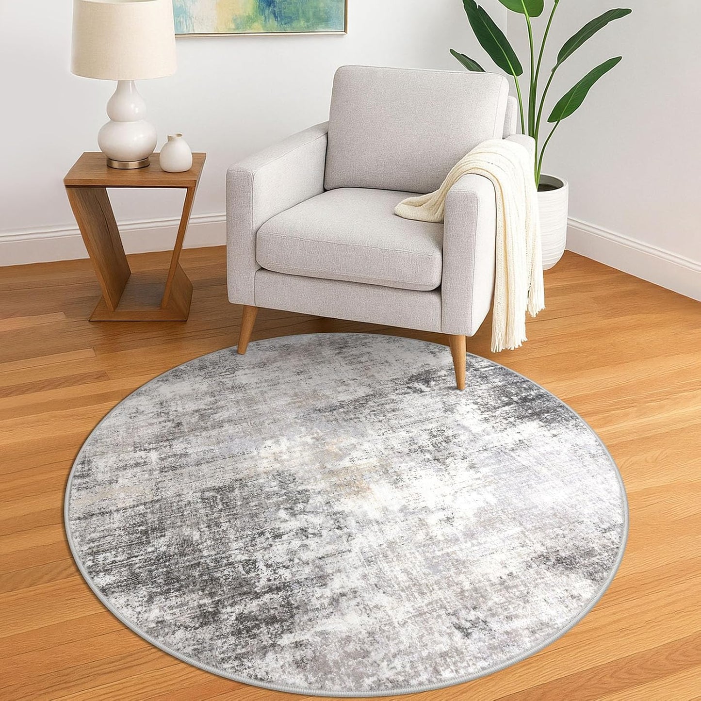 IOHOUZE Round Area Rug 5 Ft Circle Entryway Rugs Round Washable Door Mat Indoor Entrance, Non Slip Circle Front Door Rug, Printed Abstract Faux Wool Floor Carpet for Foyer Porch Sink, Grey Beige