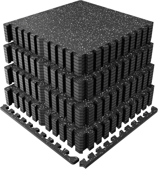 PRAISUN 0.6" Thicker Gym Mat, 24 Tiles 96 Sq Ft Workout Mats, Interlocking Foam Tiles with Rubber Top, High Density EVA Foam, Exercise Mat, Gym Flooring for Home Gym, Garage, 24 x 24in, Black/Grey