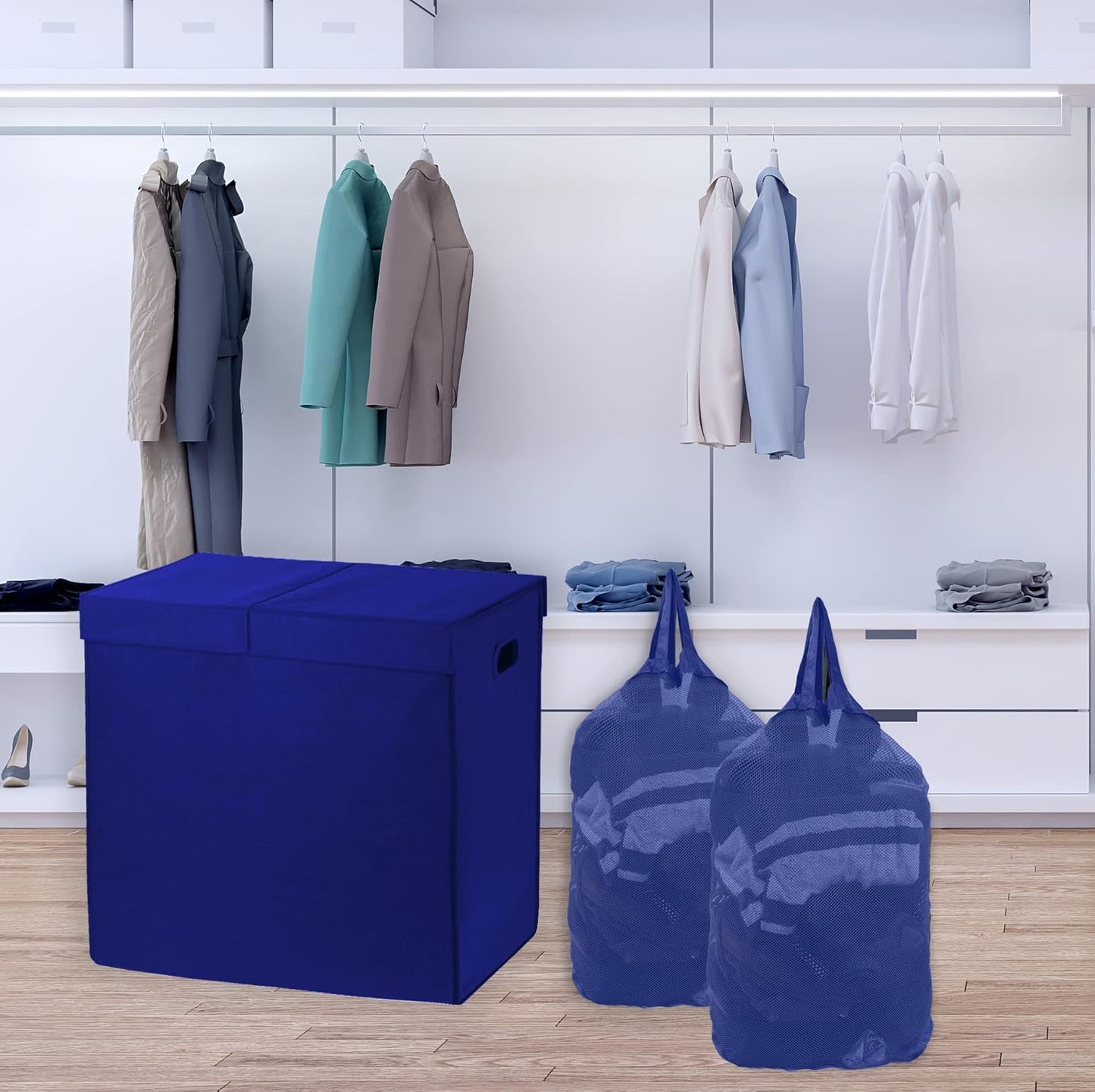 Simple Houseware Double Laundry Hamper with Lid and Removable Bags, Dark Blue