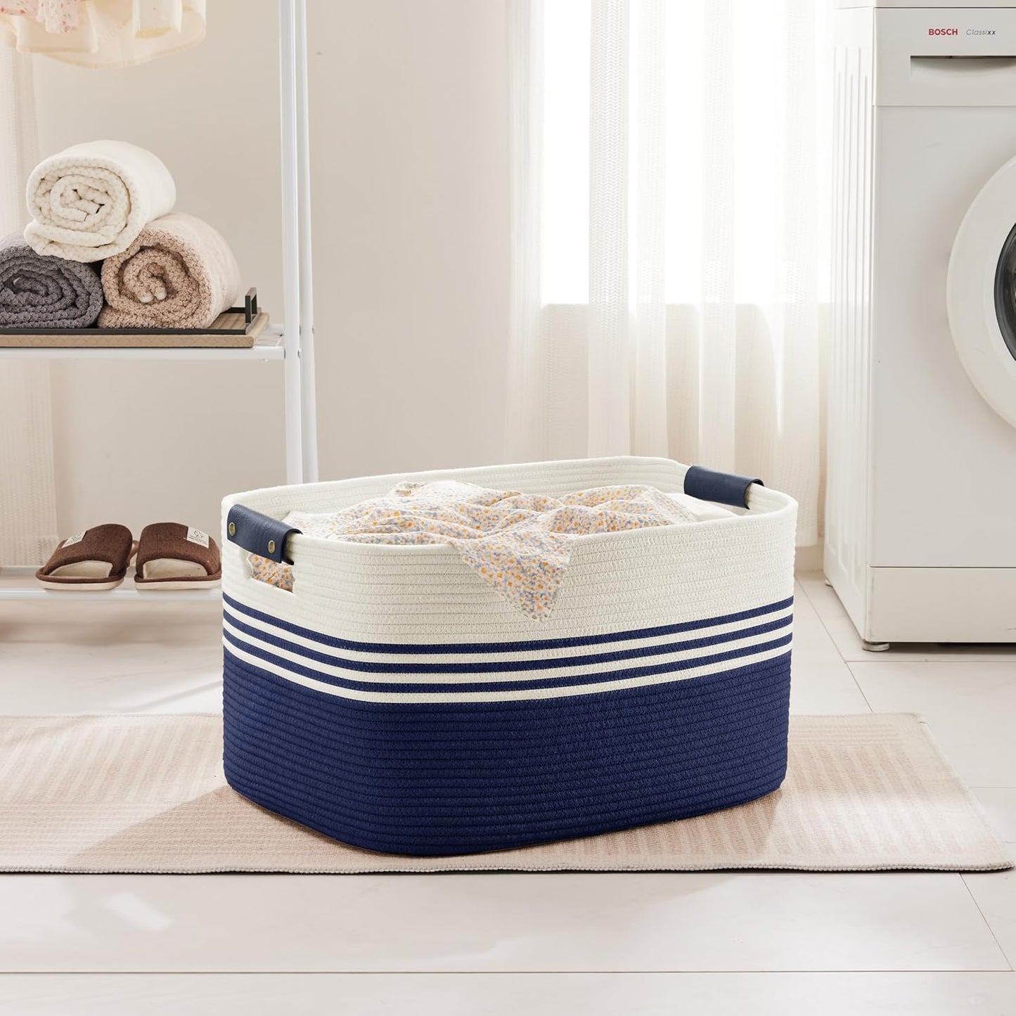 72L Large Laundry Basket with Leather Handles for Living Room Storage, Woven Rope Baskets Bin for Blanket, Kids Toy, Gifts, Wicker Hamper for Bedroom Dirty Clothes, 22"x17"x12" White Navy