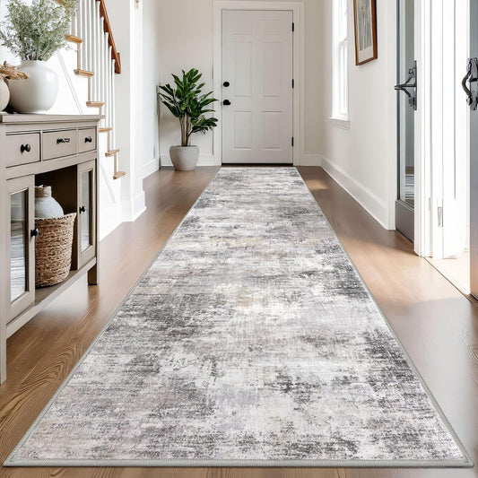 IOHOUZE Abstract Runner Rug 3x14 Ft Washable Runners for Hallways, Non Slip Kitchen Runner Printed Faux Wool Entryway Runner Indoor, Modern Abstract Floor Carpet for Hall Stair, Grey Beige