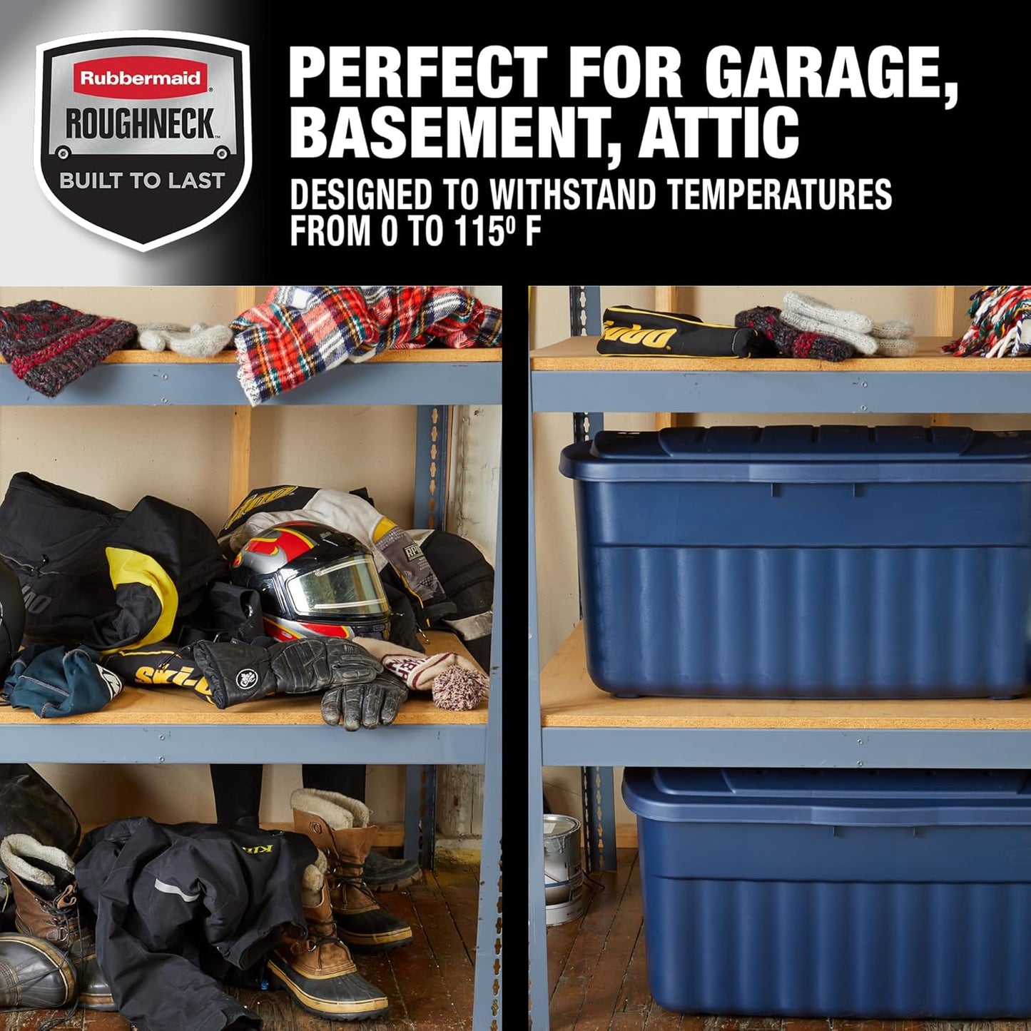 Rubbermaid Roughneck Tote 40 Gal, 2 Pack, Made in USA, Dark Indigo Metallic, Rugged Plastic Stackable Storage Bins with Lids and Handles