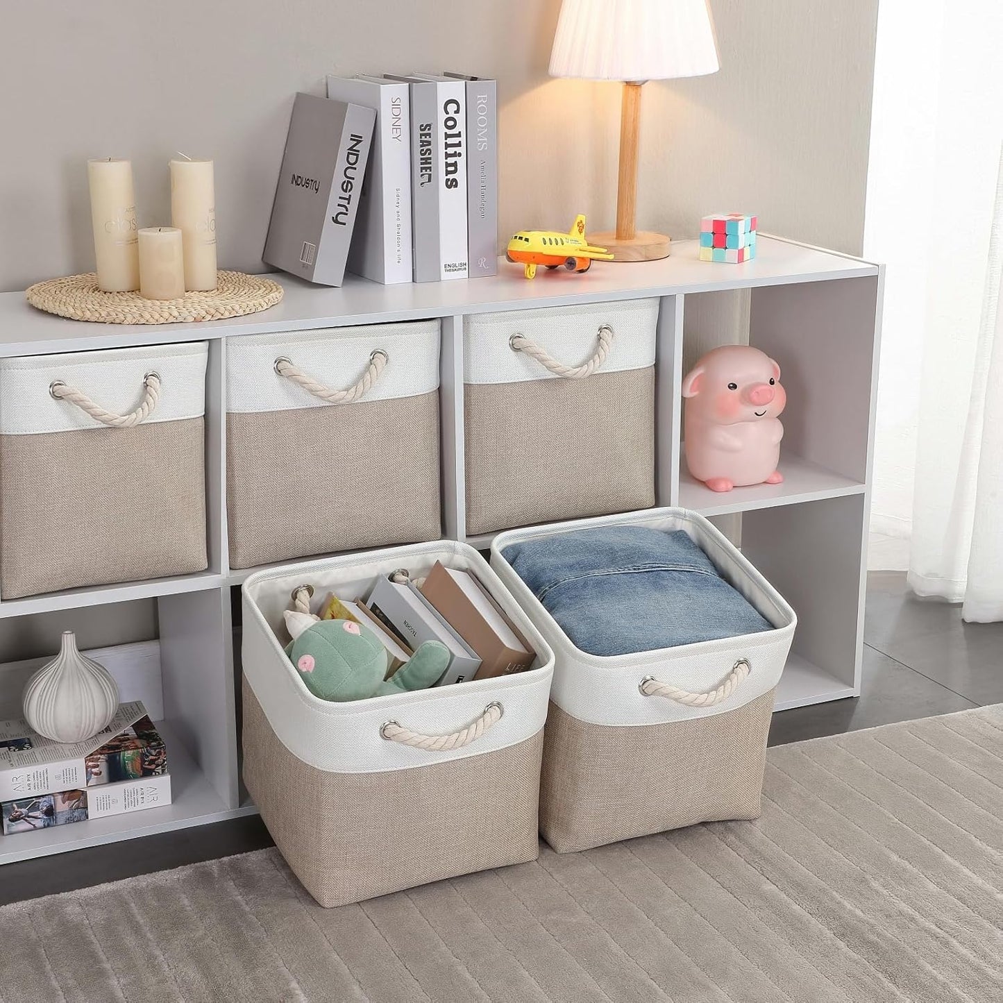 Mangata Canvas Storage Boxes, 11.8 Inch Cube Storage Bins Set of 6 for 12 Inch Cabinets, Fabric Baskets with Cotton Rope Handle for Organizing Clothes Nursery Home (Khaki/White)