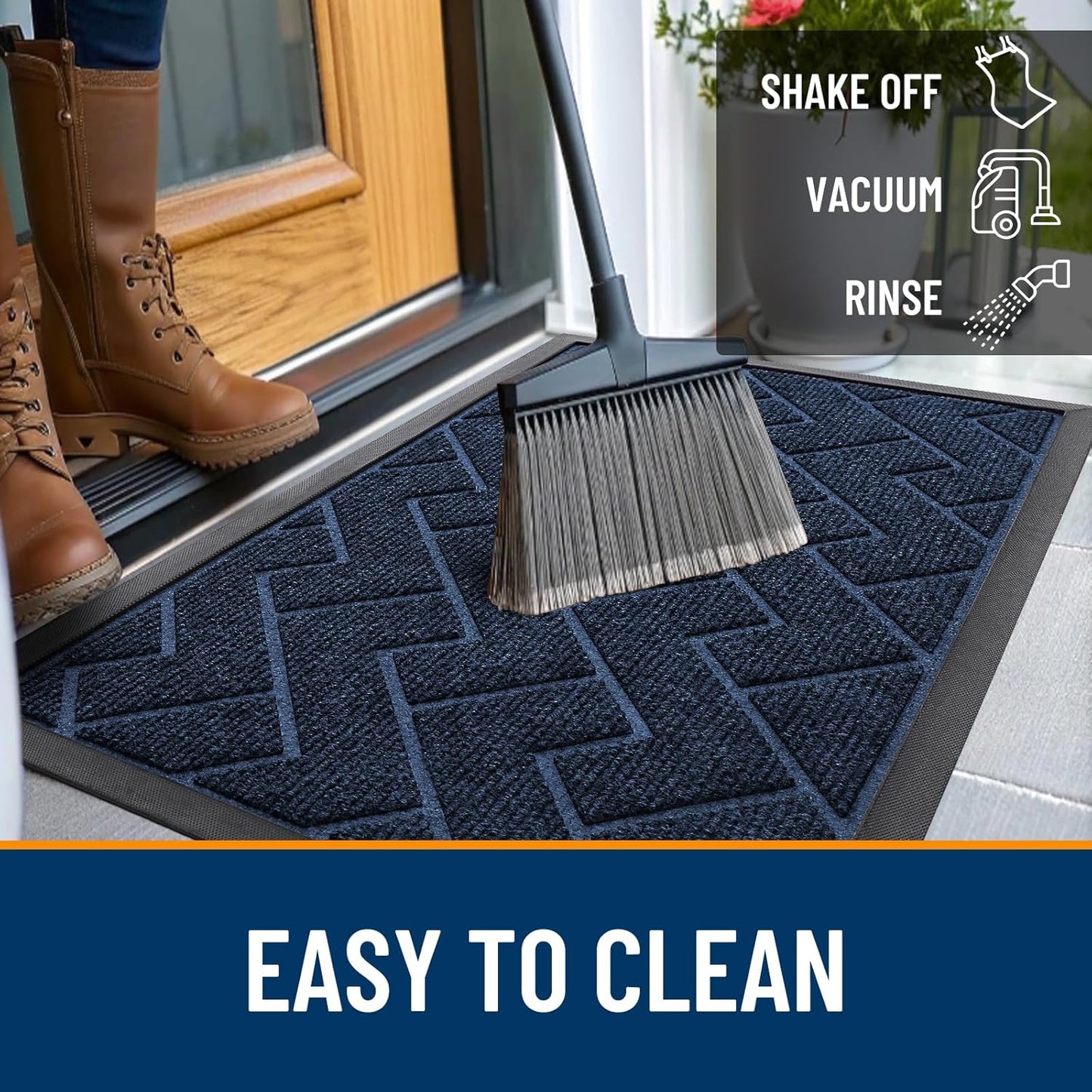 OLANLY Front Door Mat Indoor Outdoor Entrance, Waterproof All-Season, All-Weather Doormat, Sturdy Natural Rubber, Low Profile, Easy Clean Patio Porch Entryway Mat, Herringbone Brick (Blue, 59x35)
