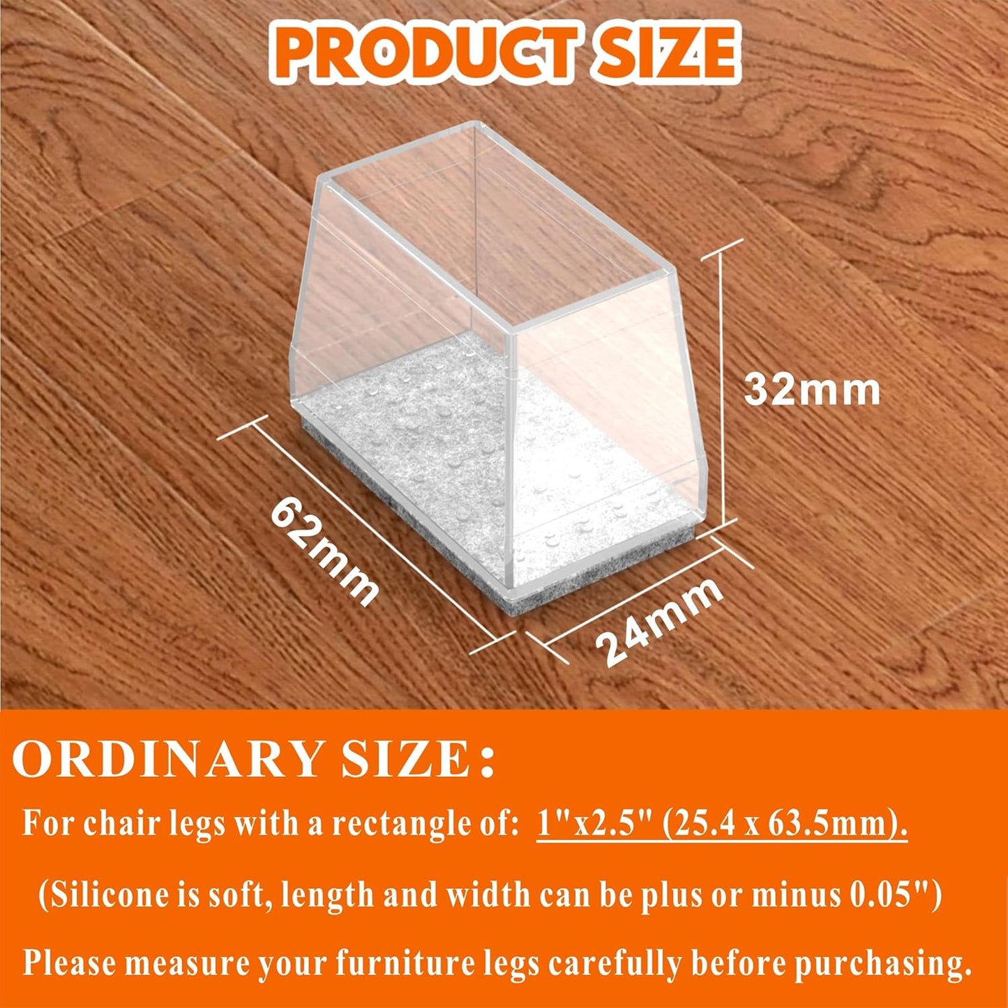 Rectangle Chair Leg Protectors for Hardwood Floors,16 PCS Silicone Covers to Protect Wood Tile Floors Felt Pads Furniture Leg Caps Reduce Noise. Easy to Move.(Clear,1 x 2.5 Inch,Rectangular)