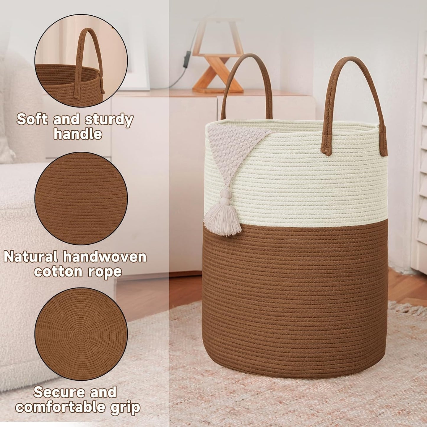 Large Woven Laundry Basket Hamper,100L Cotton Rope Storage Bin for Blankets,Toys and Clothes,Decorative Tall Nursery Hamper for Living Room,Baby Nursery,Bathroom and Bedroom,White and Brown