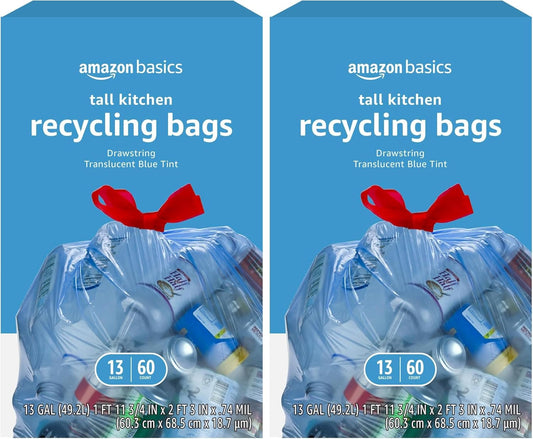 Amazon Basics Blue Recycling Trash Bags, Unscented, 13 Gallon, 60 count (Pack of 2)