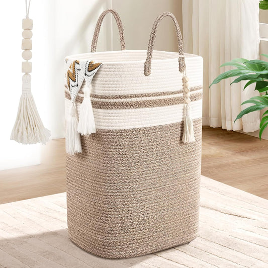 Woven Laundry Basket for Clothes, 80 L Large Rectangle Laundry Hampers with Beads Tassel, Nursery Storage Basket for Toys, Tall Dirty Clothes Hamper for Bedroom Aesthetic, Laundry Room Organization