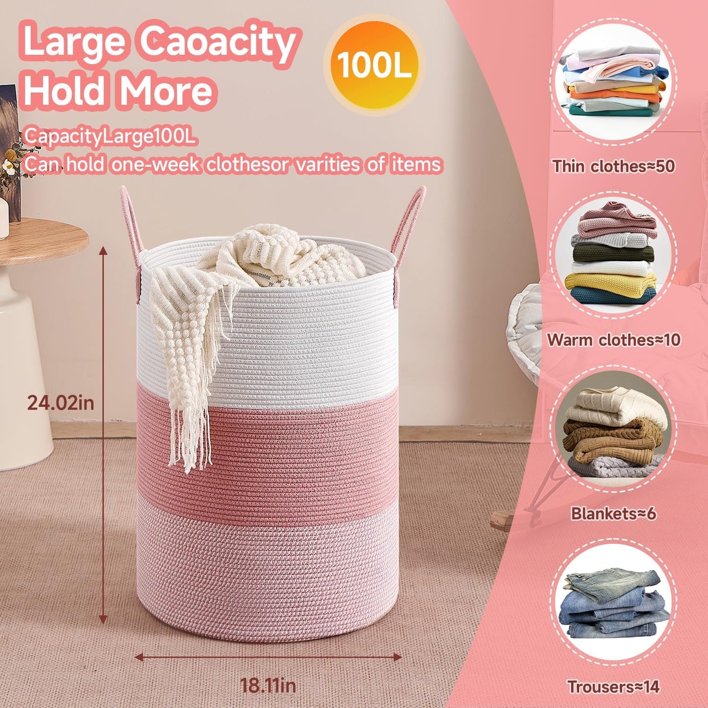 CLHMILY&Z 100L Laundry Basket Round Storage Rope Basket - 18.1x24 Inches - Pink Hamper in Bedreoom and Cute Storage Bin for Blankets, Toys, and Nursery Essentials
