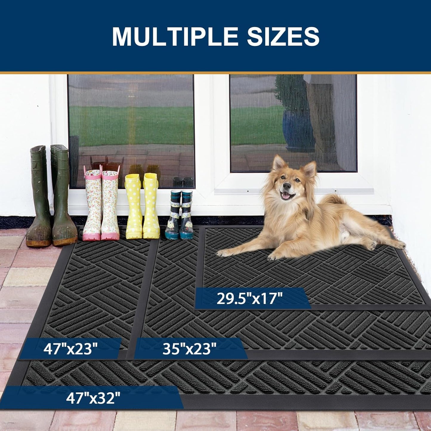 Smiry Front Door Mat Outside Entrance, Heavy Duty Outdoor Indoor Natural Rubber Doormat, Non Slip, Trap Dirt and Moisture, Easy Clean, Low Profile Patio Porch Entryway Mat, 35x23, Black