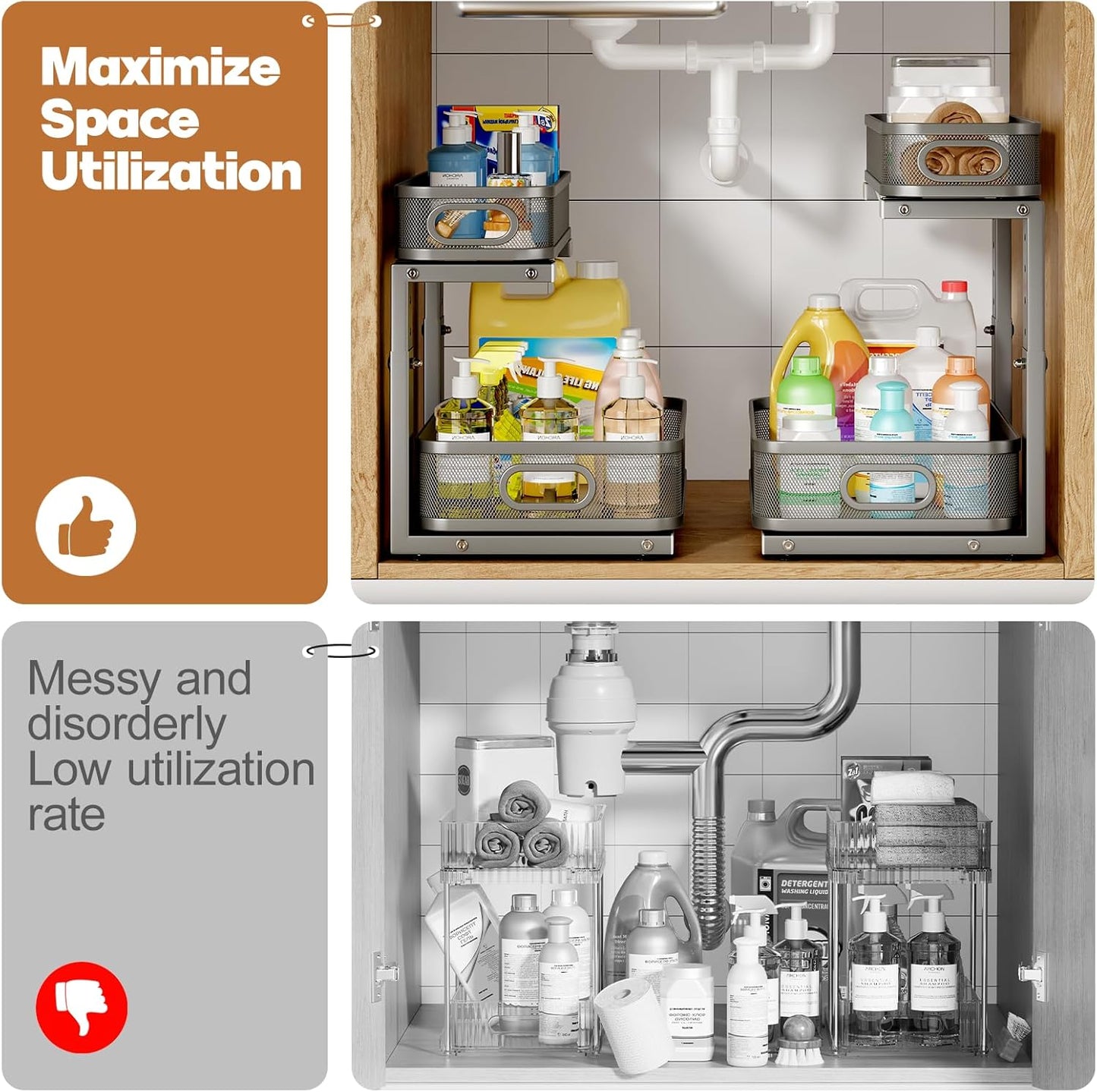 1 Pack 15.7IN-Depth Under Sink Organizer With Smooth Cylindrical Rail,2-Tier Pull Out Multi-Purpose Cabinet Storage for Bathroom&Kitchen,Height Adjustable,Rust-resistant Coating-Gun Gray