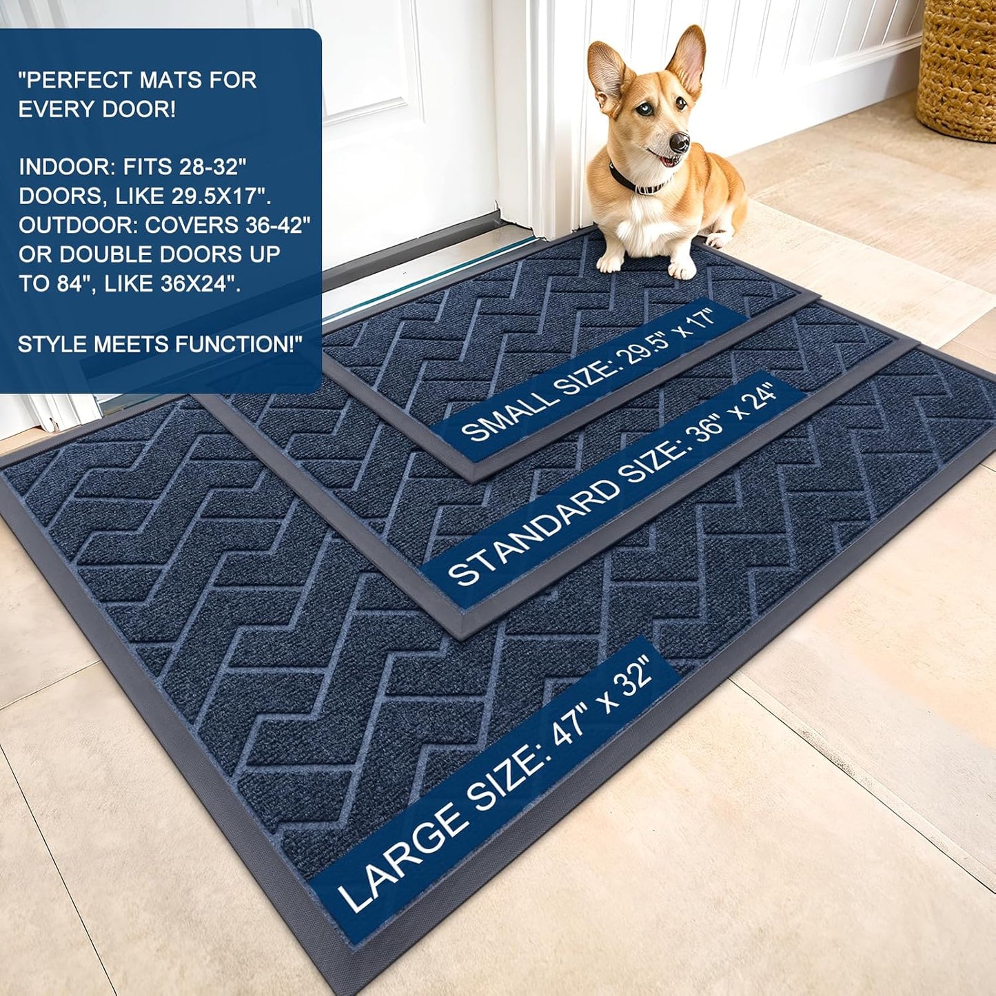 OLANLY Front Door Mat Indoor Outdoor Entrance, Waterproof All-Season, All-Weather Doormat, Sturdy Natural Rubber, Low Profile, Easy Clean Patio Porch Entryway Mat, Herringbone Brick (Blue, 59x35)