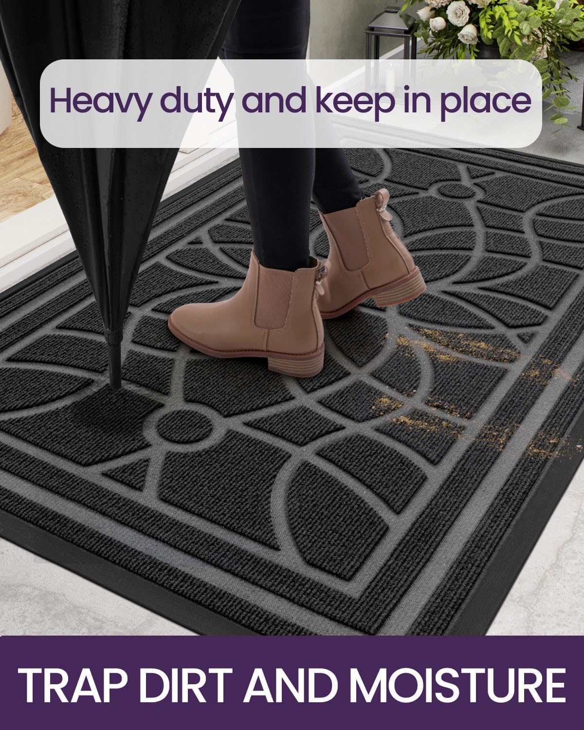 DEXI Front Door Mat Outside Entrance, Heavy Duty Non Slip Low Profile Doormat for Entryway, Trap Dirt and Moisture Welcome Mats, Easy Clean, Patio, Garage, 3x2, Grey