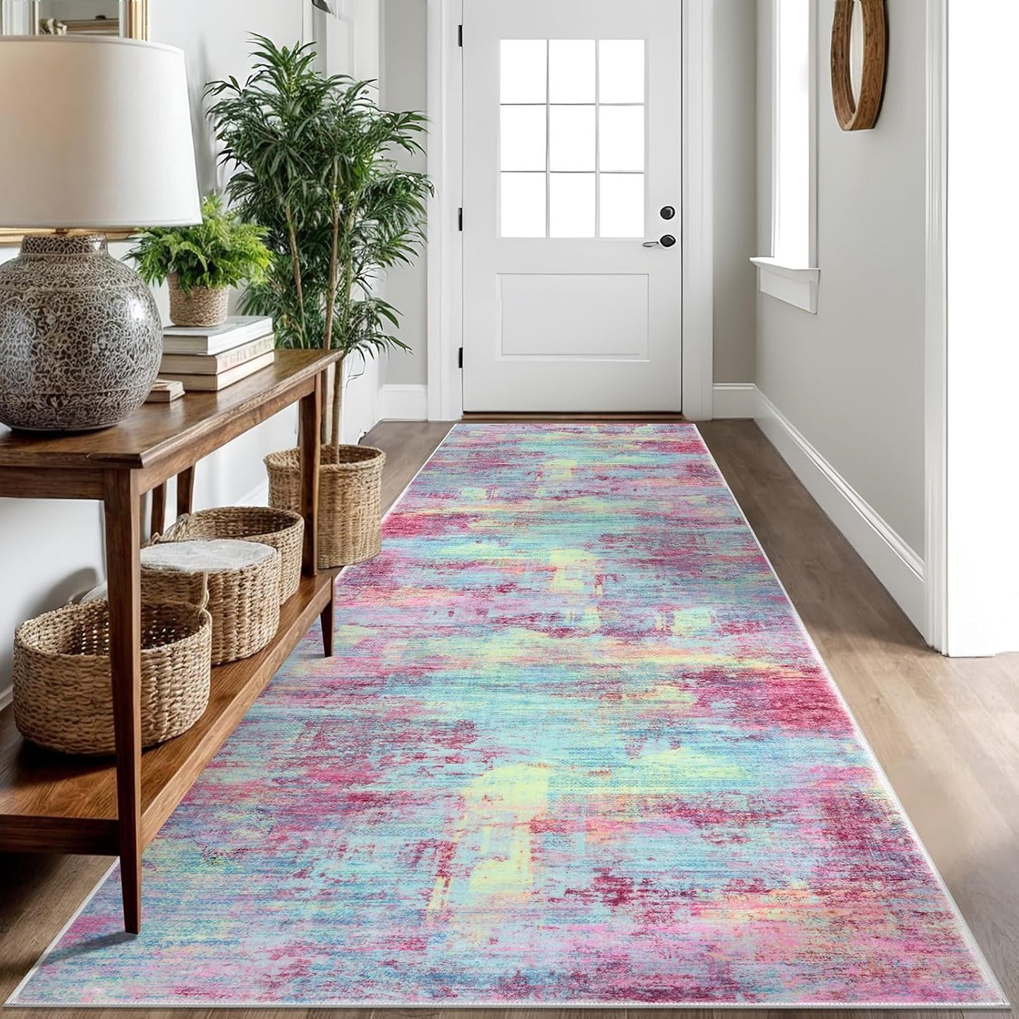 IOHOUZE Abstract Runner Rug 3x10 Ft Washable Runners for Hallways, Non Slip Kitchen Runner Printed Faux Wool Entryway Runner Indoor, Modern Abstract Floor Carpet for Hall Kitchen Bedroom, Pink Teal