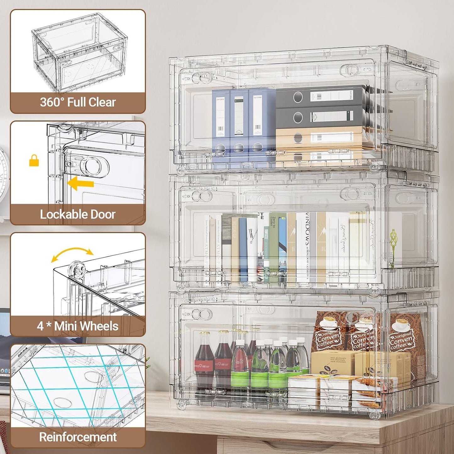 BROVIEW Clear Stackable Storage Bins Drawers, Open Front Large Plastic Storage Bins with Lids, Foldable Closet Organizers and Storage for Wardrobe Cabinets, Pantry, Makeup,4 Pack