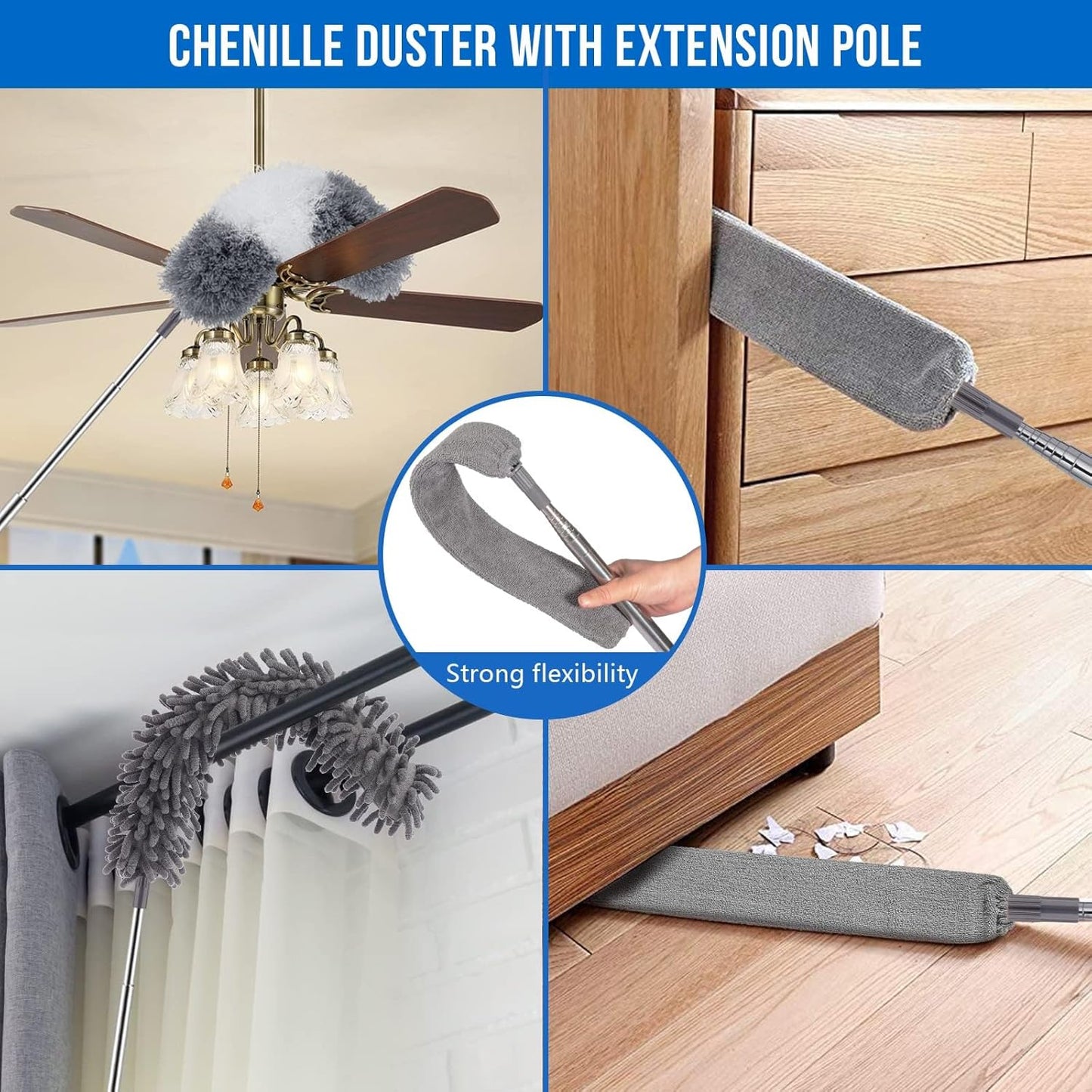 Microfiber Feather Duster 5-in-1 Kit for Dusting and Cleaning – 30–100" Extension Pole, Anti-Slip Grip, Bendable Washable Heads for Ceiling Fan, Furniture, Car (Blue)