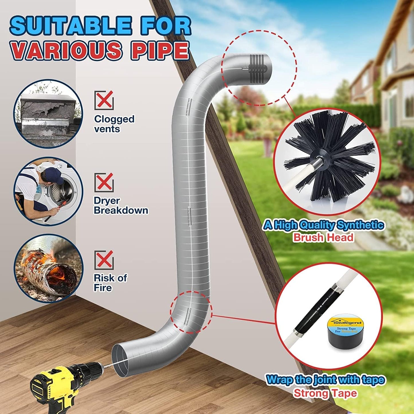 Sealegend 15-Piece Dryer Vent Cleaner Kit Omnidirectional Dryer Cleaning Kit Include 30 Feet Dryer Vent Brush, Black Dryer Lint Vacuum Attachment&Dryer Lint Trap Brush, Vacuum & Dryer Adapters