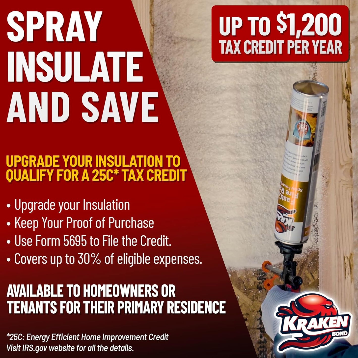 Kraken Bond Fastcoat Fire Rated Spray Foam Insulation Kit Closed Cell in a Can 240 sq ft (12x27.1 oz.) (R-Value 11.32 / 2in) - Spray Foam for Garage Door, Attic, Wall Gun & Cleaner Included, 12 Pack