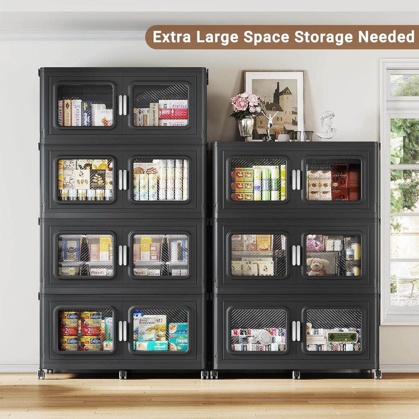 BROVIEW 660 Qt Stackable Storage Bin with Lids, 165Gal Extra Large Collapsible Storage Boxes, Folding Plastic Drawer, Heavy-Duty Store Cabinet, Closet Organizer for Home Kitchen, 3 Pack Black