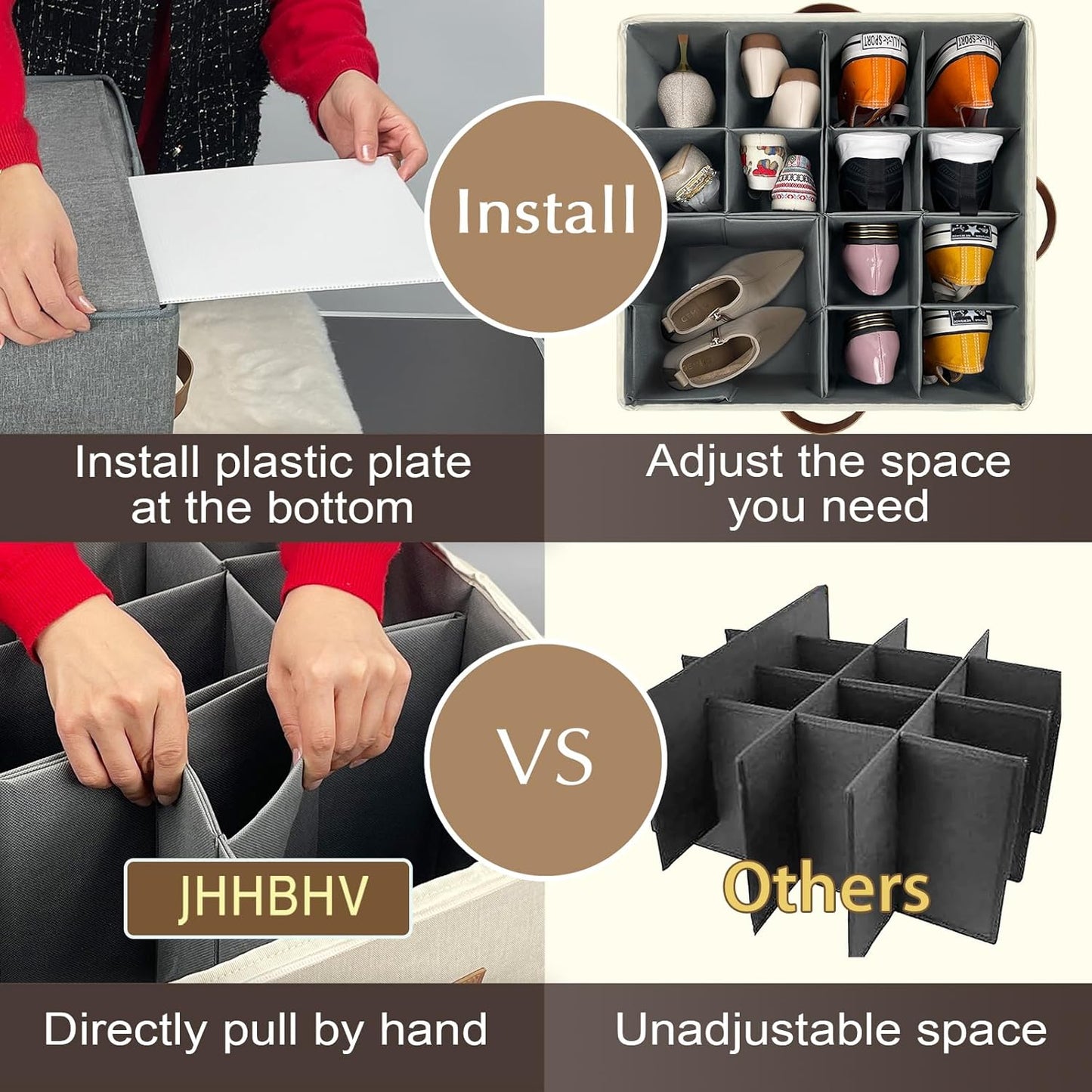 1 Pack Shoe Organizer for Closet, Adjustable Shoe Box Storage Containers, Large Foldable Shoe Bins with Clear Cover, Space Saving Shoes Holder with 4 Handles, Fits 8-16 Pairs, Beige