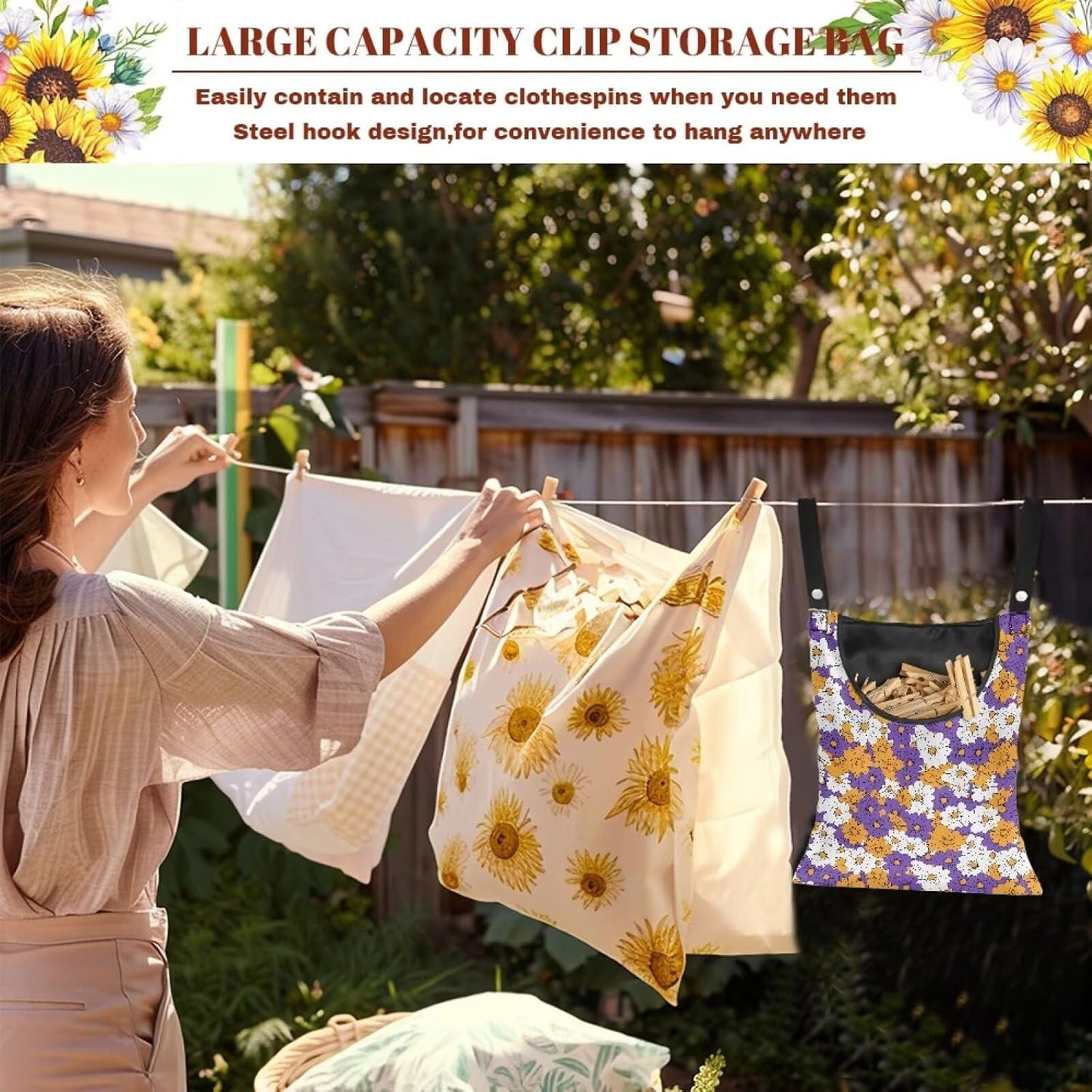 2 Pcs Clothes Pin Hanging Bag, Hippie Flower Multi-Functional Clothespin Bag for Clothes Pin Hanging Bag and Pin Bag Fits Outdoor Laundry Clothesline