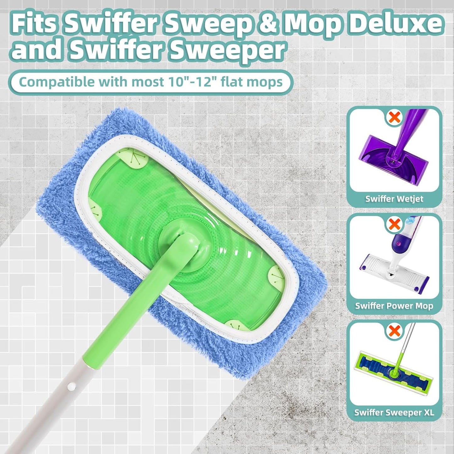 Reusable Mop Pads Compatible with Swiffer Sweeper Mop, Microfiber Dry Sweeping Cloths & Machine Washable Wet Pads Refill for Use on All Sealed Floors - Stone, Hardwood, Laminate & Tile (6 Blue)