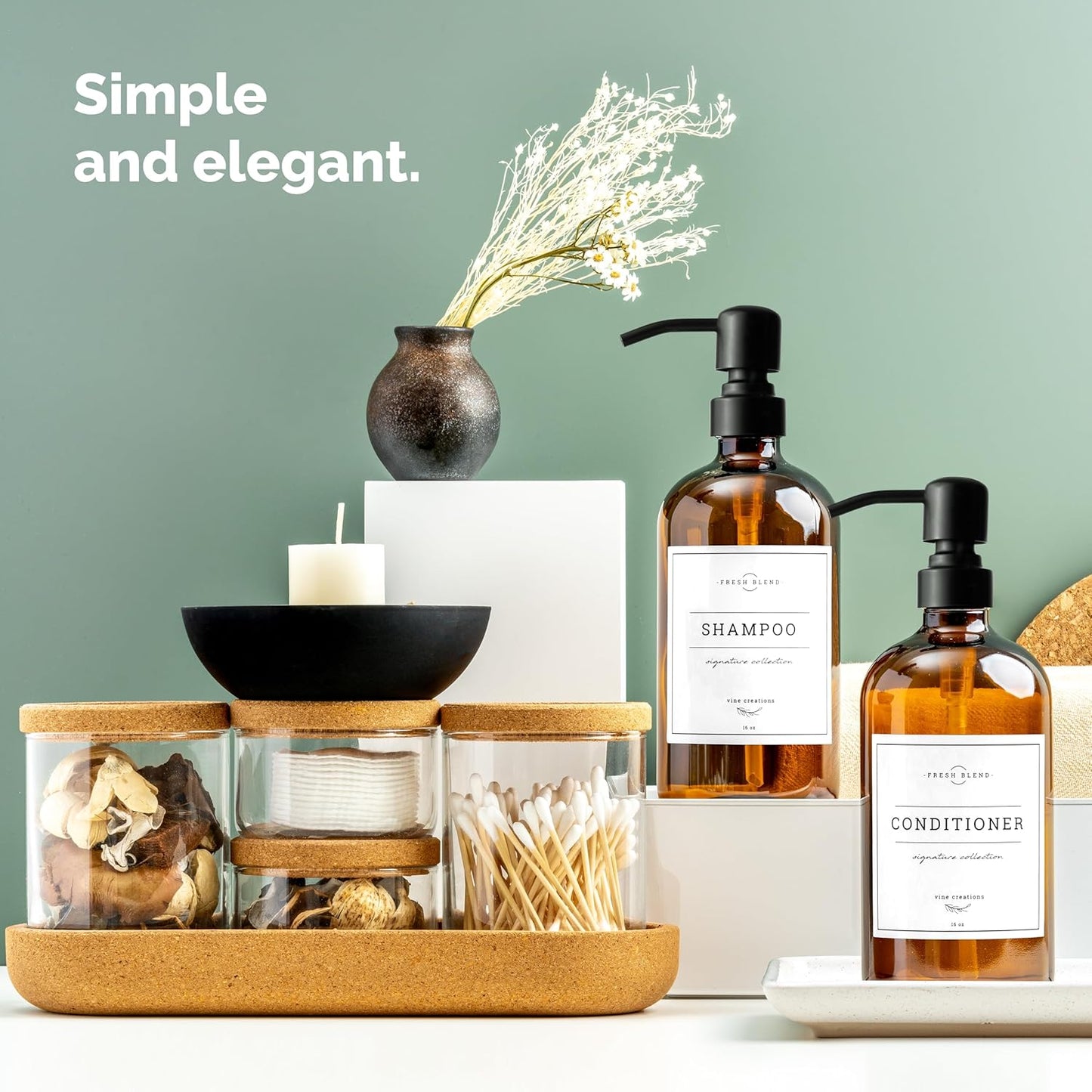 Vine Creations Amber Glass Soap Dispenser, 2 Pack Kitchen Soap Dispenser Set with Ceramic Tray, Stainless Steel Pump, Dish Soap and Hand Soap Dispensers for Bathroom Decor with Waterproof Labels