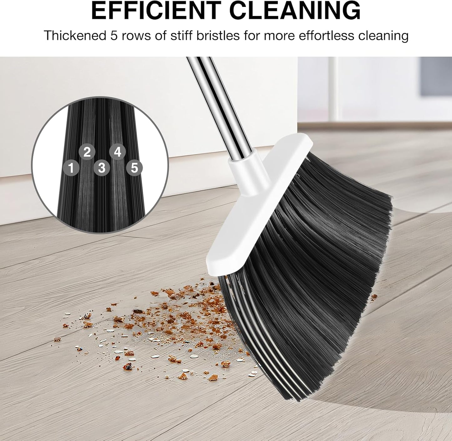 NACENA Broom and Dustpan Set, 52-in Long Adjustable Handle Broom Dustpan Combo with Dustpan Teeth to Automatically Clean Hair Suitable for Home Kitchen Office Hall Floor (Grey&White), 2 Pack
