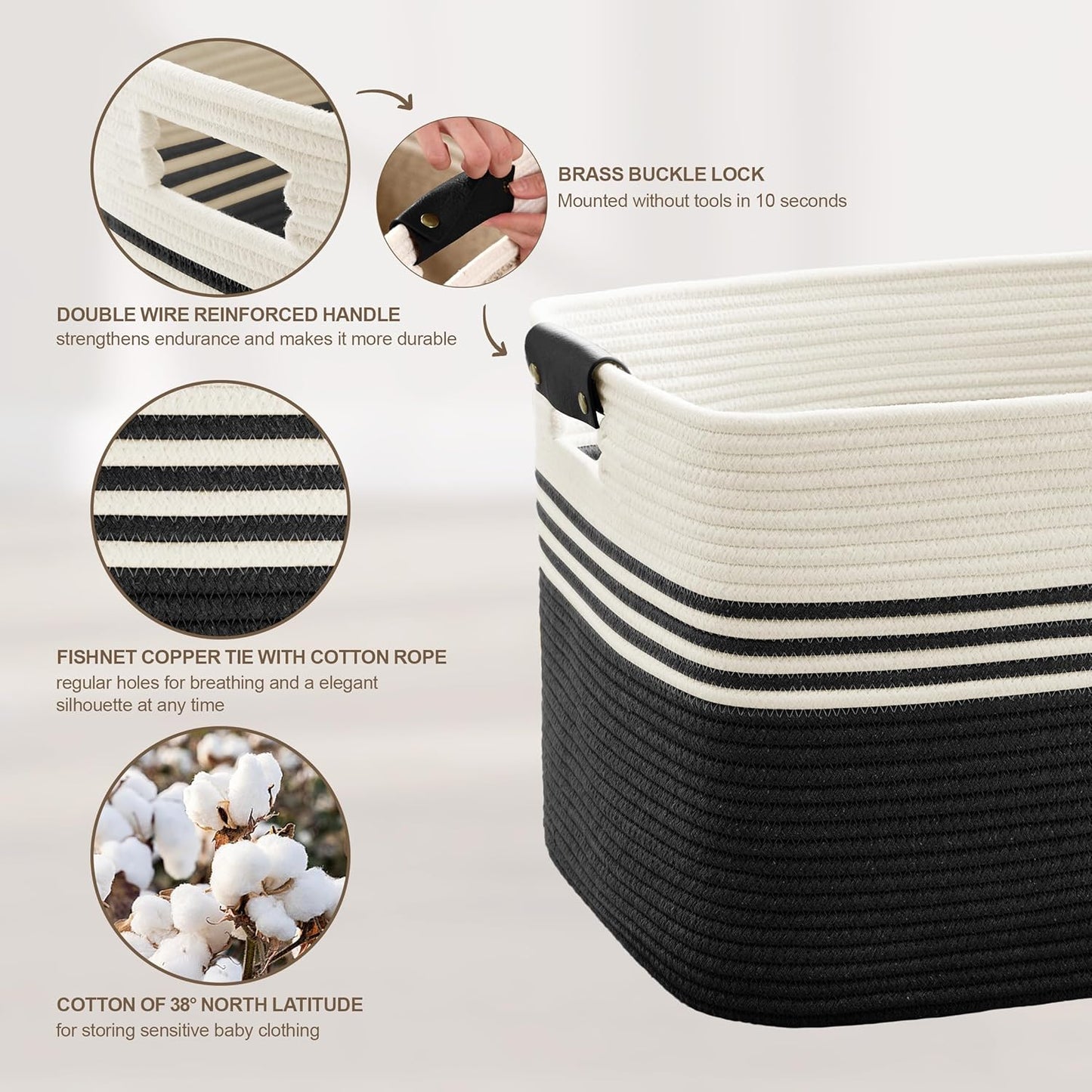 45L Small Laundry Basket with Leather Handles for Living Room Storage, Woven Rope Baskets Bin for Blanket, Kids Toy, Gifts, Wicker Hamper for Bedroom Dirty Clothes, 18"x14"x11" White Black