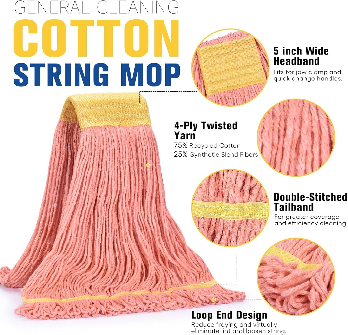 Matthew Cleaning Commercial Mop Head Replacement, 5 Inch Wide Headband, Looped End Cotton Blend String Wet Mops for Floor Cleaning, 24 oz Large, 6-Pack Orange