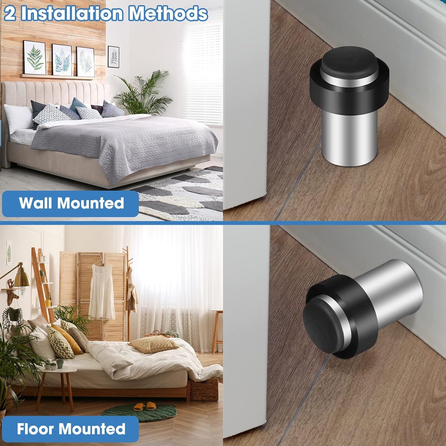 Chumia 30 Pcs Door Stopper Mounted Floor Stops Stainless Steel Cylindrical Stopper Modern Decorative Rubber Bumper Stops Holder Wall Protector for Bottom or Top of Door (Silver)