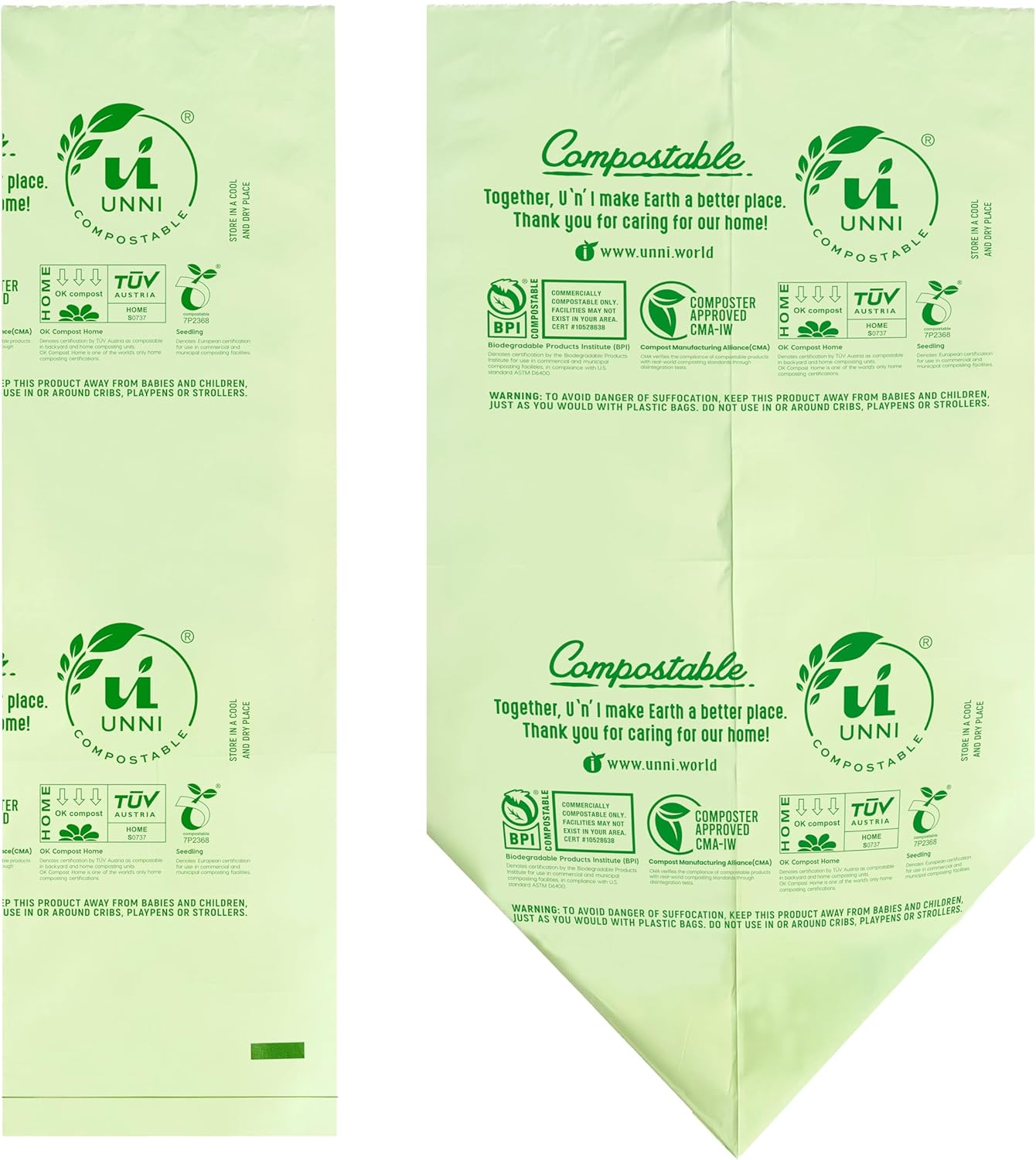 UNNI Compostable Trash Bags, 3 Gallon / 11.35 Liter, 600 Count Value Pack, Extra Thick 0.71 Mil Kitchen Food Scrap Bin Liners, Certified by BPI, CMA & OK compost HOME, Meets the ASTM D6400 Standard