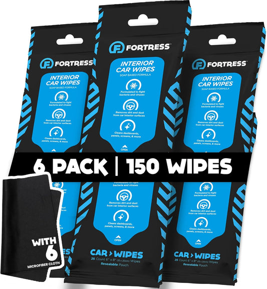 Fortress Car Wipes with Microfiber Cloth (25 ct, Pack of 6) for Interior Cleaning, Dashboard, Seats, Detailing, Steering Wheel [Travel Size] Skin-Safe Cleaner Supplies