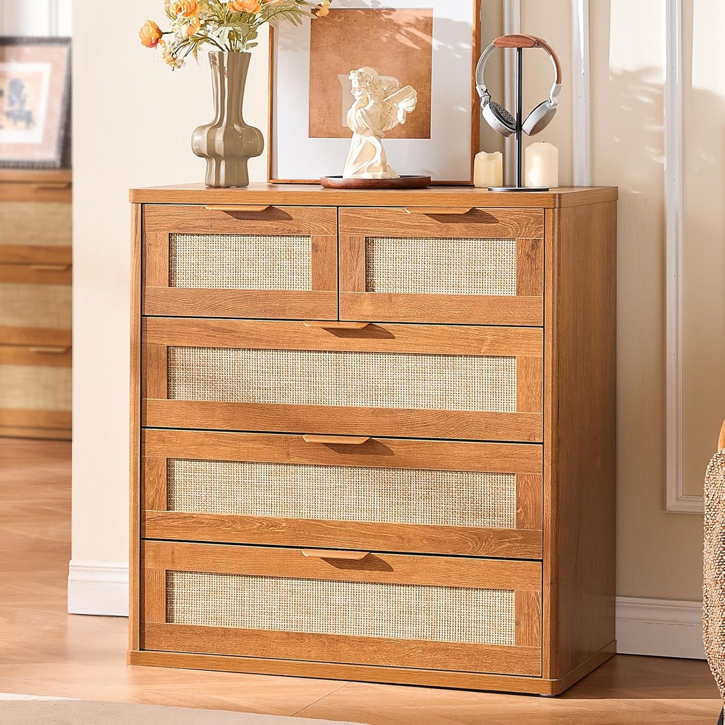 LEYAOYAO Rattan Dresser for Bedroom Set of 2, 33.5" Tall Chest of Drawers, Modern 5 Drawers Boho Dressers with Storage, Vintage Brown Dresser Wooden Closet Organizer for Living Room, Hallway