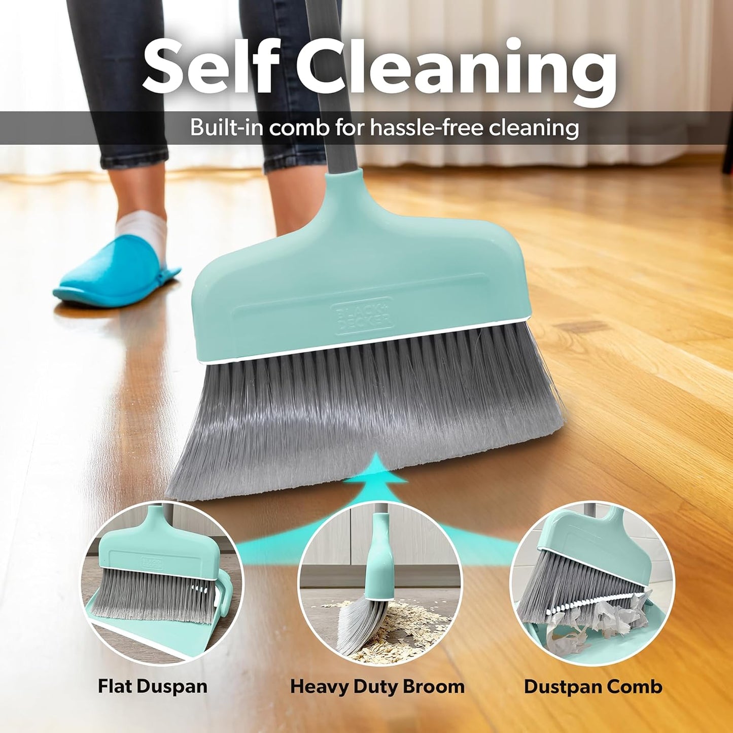 BLACK+DECKER Butler Broom & Dustpan Set - Short Handle, Stand-Up Design - Lightweight, Space-Saving Combo for Kitchen, Living Room, Bathroom, Lobby Floors - Home Cleaning Essential, Teal/Grey