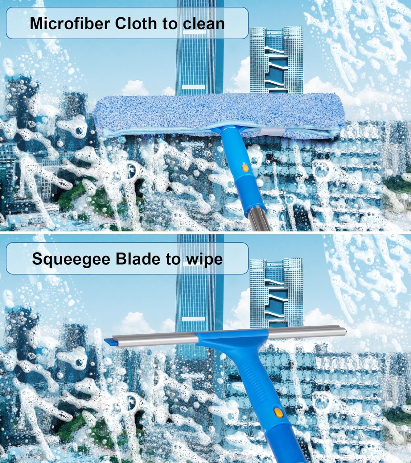 Window Squeegee Cleaner with 4 Stainless Steel Extension Poles,Long Reach to 58inch, Scrubber, Glass Scraper, Bendable Duster, 2 Scrubber Cloth for Window, Car, Professional Cleaning Kit