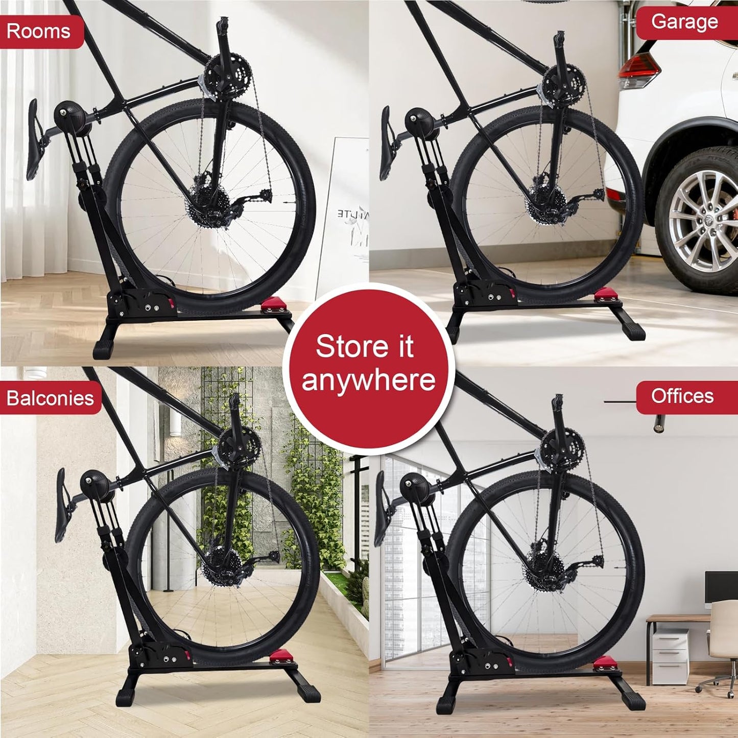 Heavy-Duty Floor Bike Stand, Freestanding Bicycle Storage Rack, Adjustable Dual Support Arms, No-Drill Installation for Garage, Black