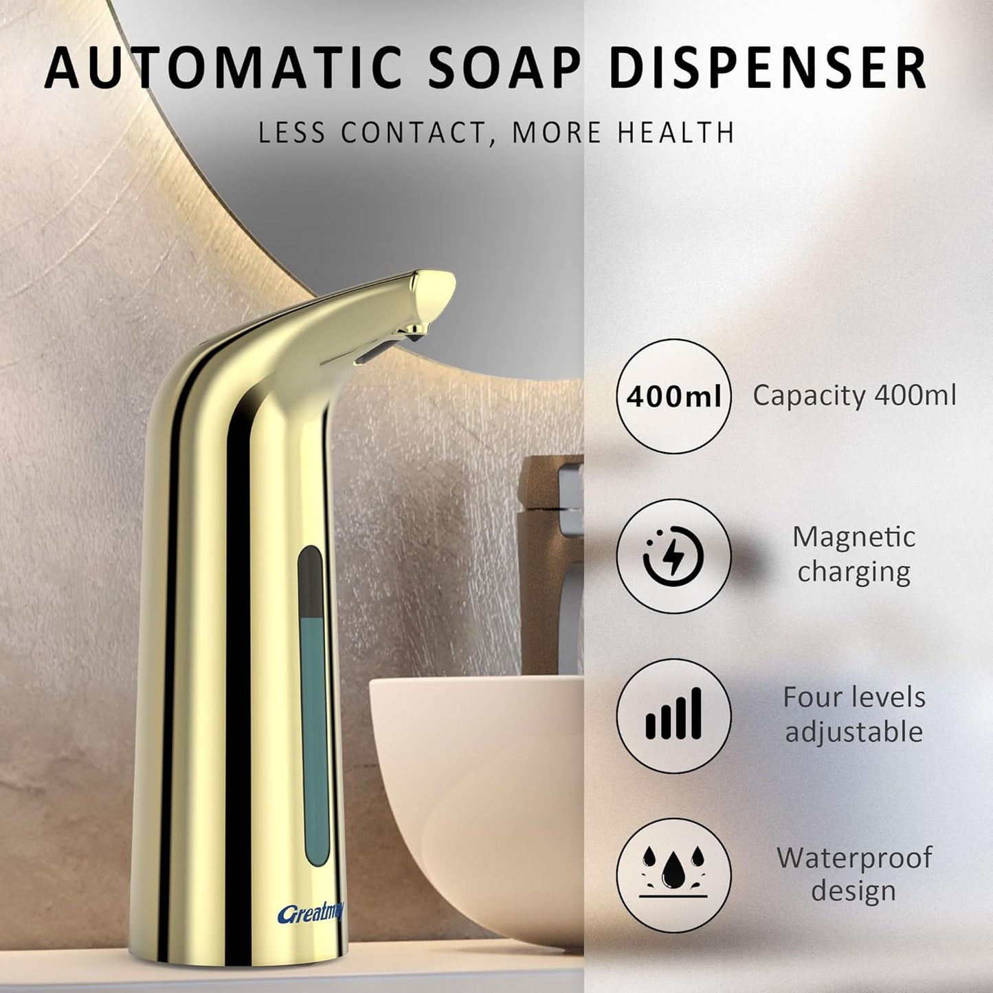 Convenient Automatic Soap Dispenser,4 Adjustable Levels Touchless Hand Sanitizer Pump with Infrared Sensor, 400 ml Countertop Electric Soap Dispenser for Bathroom,Kitchen (Gold)