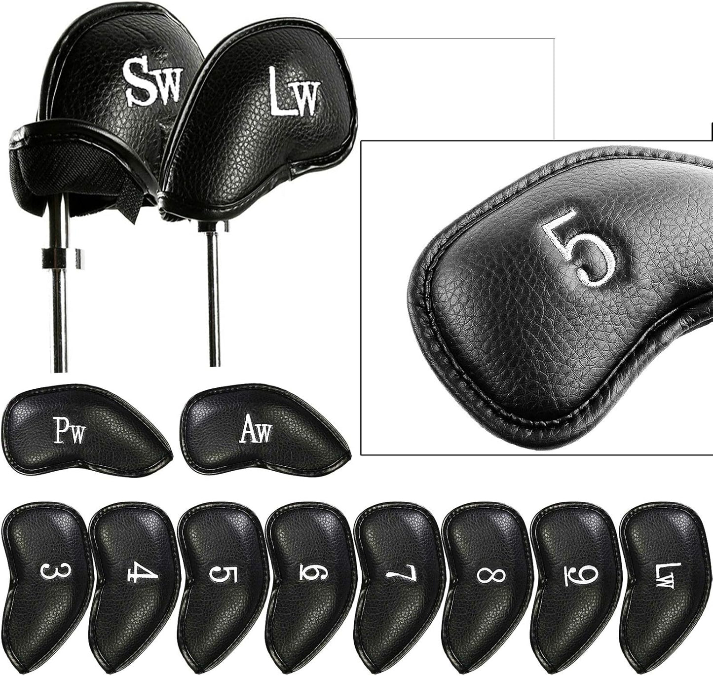 FINGER TEN Premium Synthetic Leather Stylish Iron & Wedge Golf Head Covers Value 12 Piece Set, Embroidered Labels & Fits Most Clubs Gift Set, Travel Protection Accessories