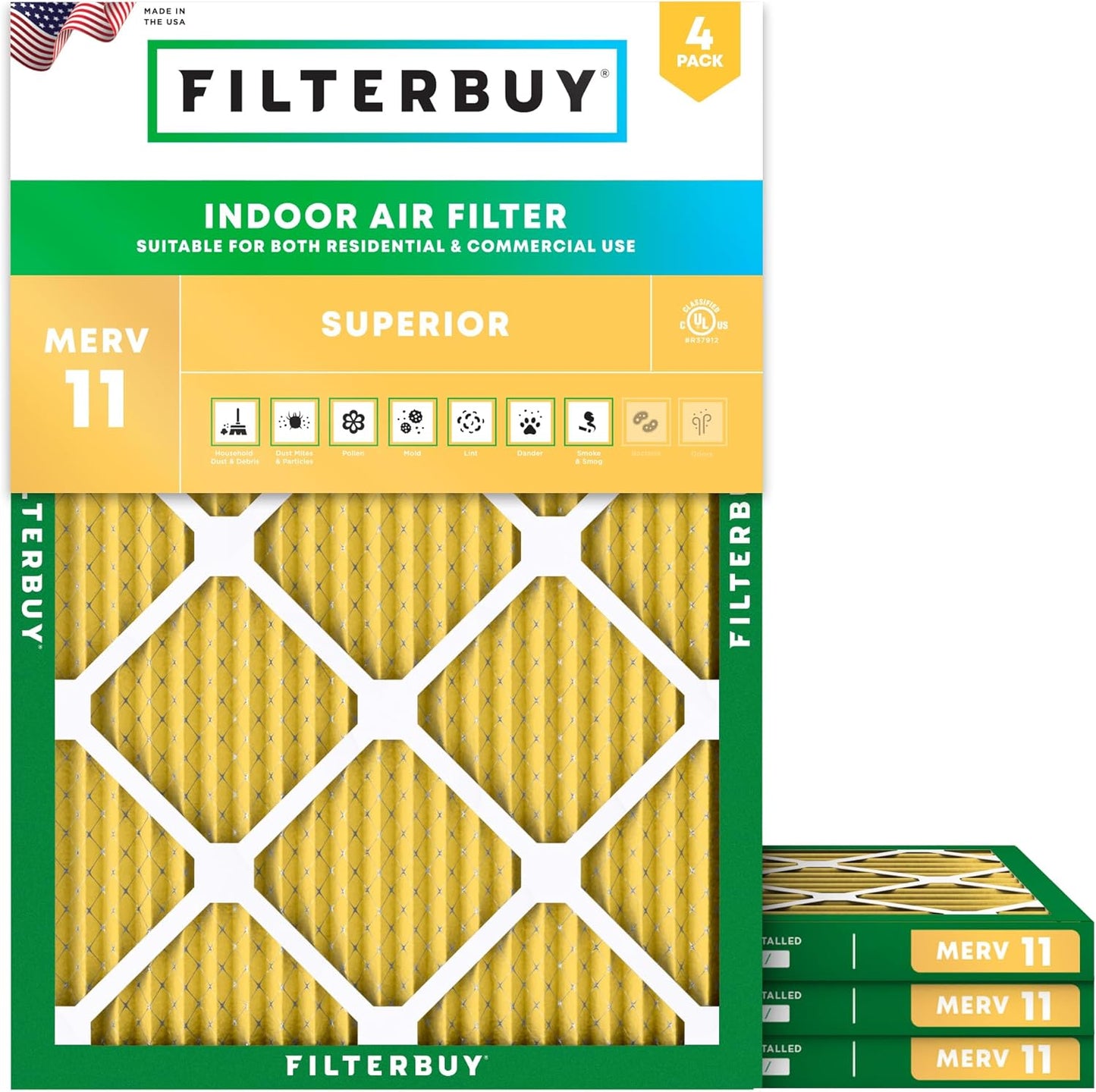 Filterbuy 12x16x1 Air Filter MERV 11 (MPR 1200) Allergen Defense Replacement (4-Pack), Electrostatic Pleated HVAC AC Furnace Filters, Made in USA (Actual Size: 11.50 x 15.50 x 0.75)