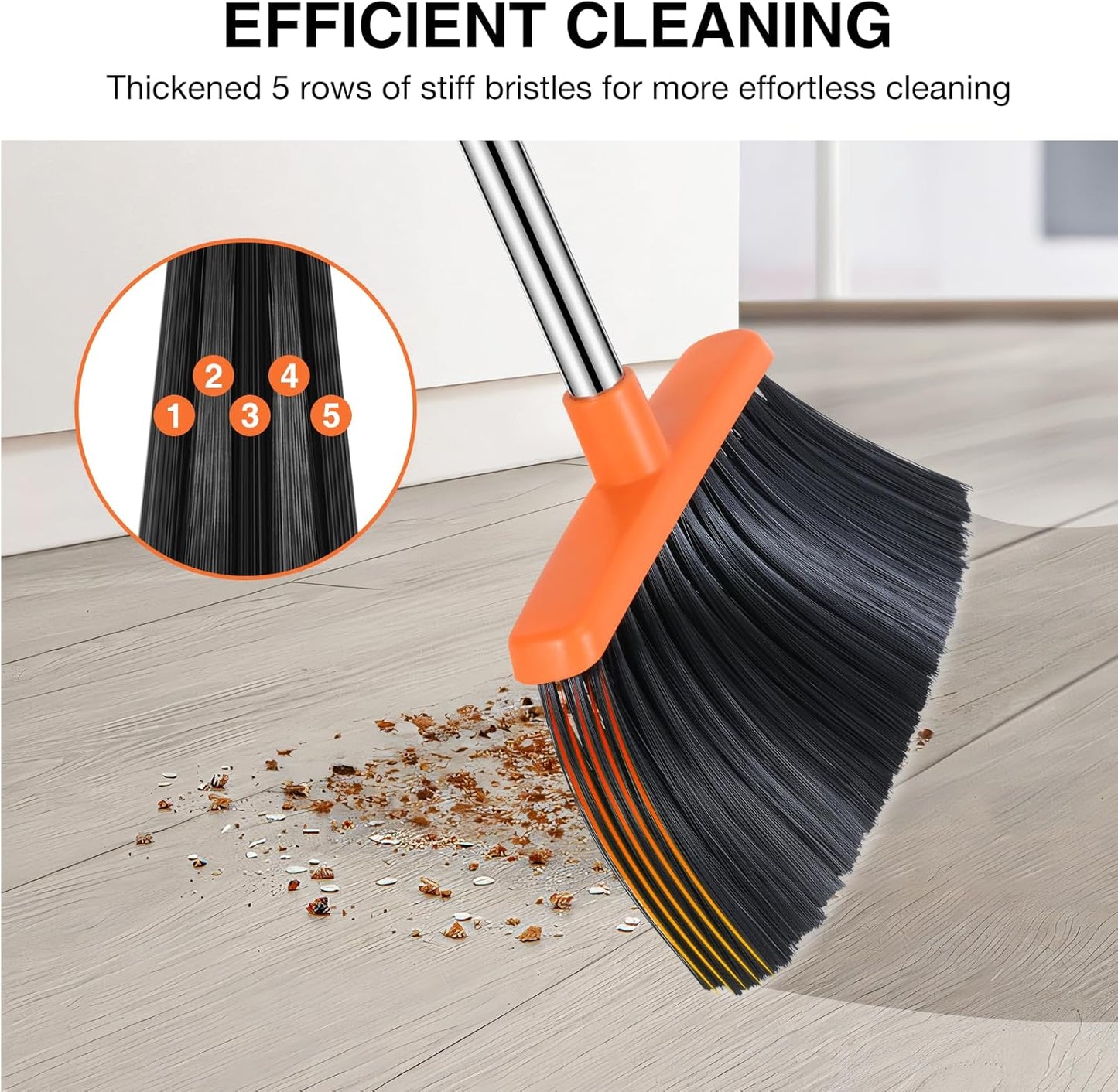 NACENA Broom and Dustpan Set, 52-in Long Adjustable Handle Broom Dustpan Combo with Dustpan Teeth to Automatically Clean Hair Suitable for Home Kitchen Office Hall Floor (Grey&Orange), 2 Pack