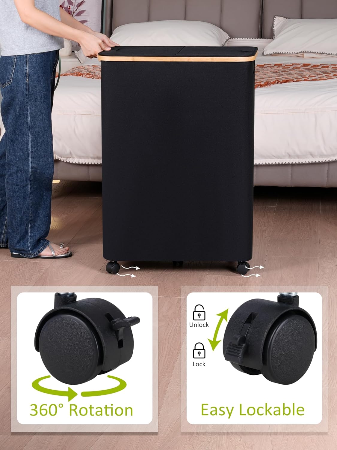 efluky Double Laundry Hamper with Wheels, Divided Laundry Hamper with Removable Bags, 2 Section Dirty Clothes Basket with Handles for Bathroom, Bedroom & Laundry Room, 160L Dark Black